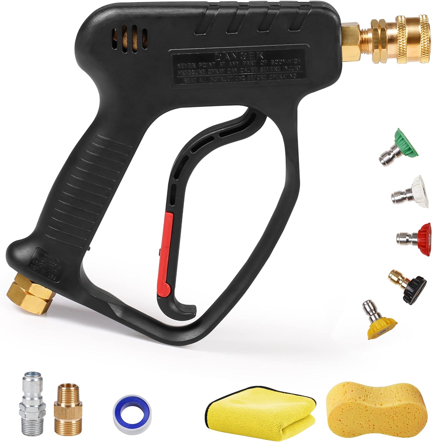 High Pressure Washer Short Gun, 5000 PSI 10.5 GPM Industrial Pressure Power water Spray Gun, with 5 Nozzle Tips, 1/4'' Outlet, 3/8'' Quick ConnectM22-14mm Fitting, PTFE Tape and Car Sponge