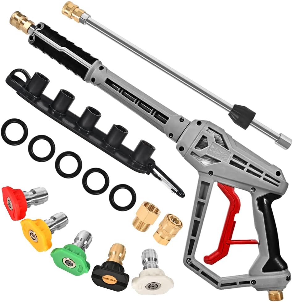 Pressure Washer Gun with Extension Wand Replacement 5000 PSI High Power Washer Gun 39 Inch Adjustable Length with M22 14mm or M22 15mm Fitting 5 Nozzle Tips with Nozzle Holder (Grey)