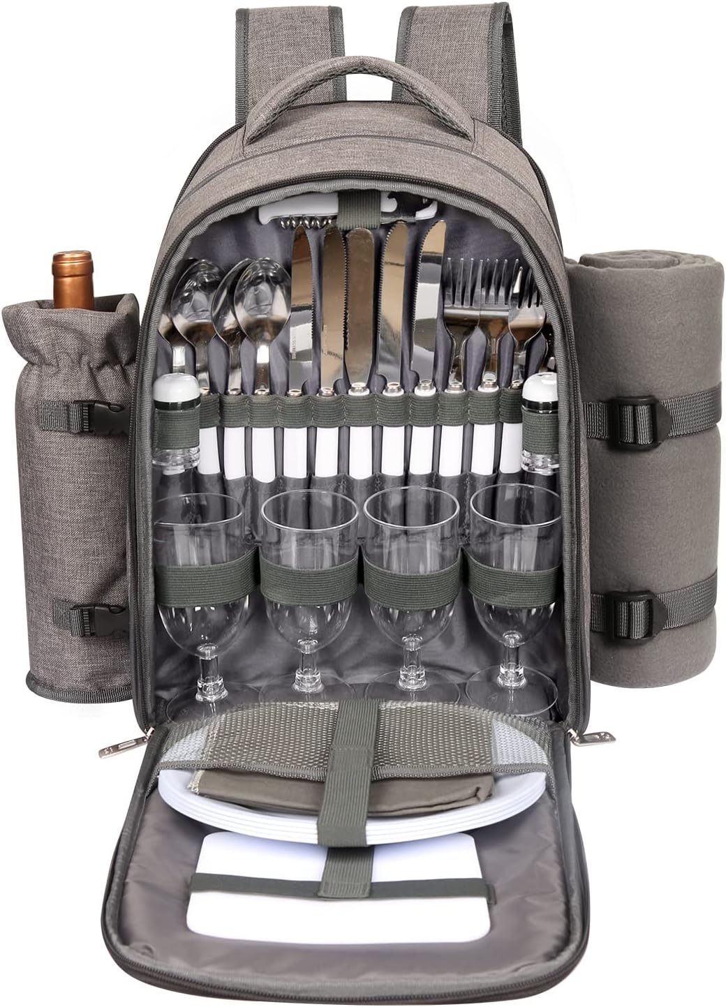 Hap Tim Picnic Basket Backpack for 4 Person with Blanket, Wine Holder, Cooler Compartment, Cutlery Set, for Couples, Ideas, Engagement Gifts, Gray (3065-G)