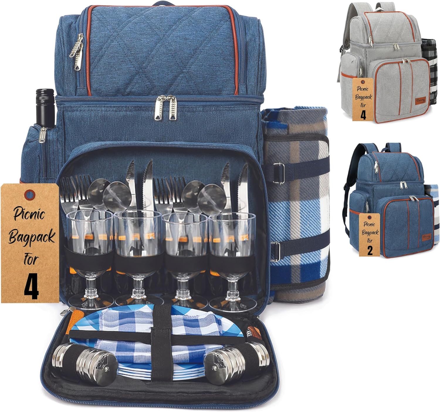 Picnic Backpack for Camping, Picnic Basket for 4 with Insulated Cooler Bag and Bottle Pouch, Picnic Bag with Lightweight Blanket and Cutlery Set for Family, Couples and Hiking