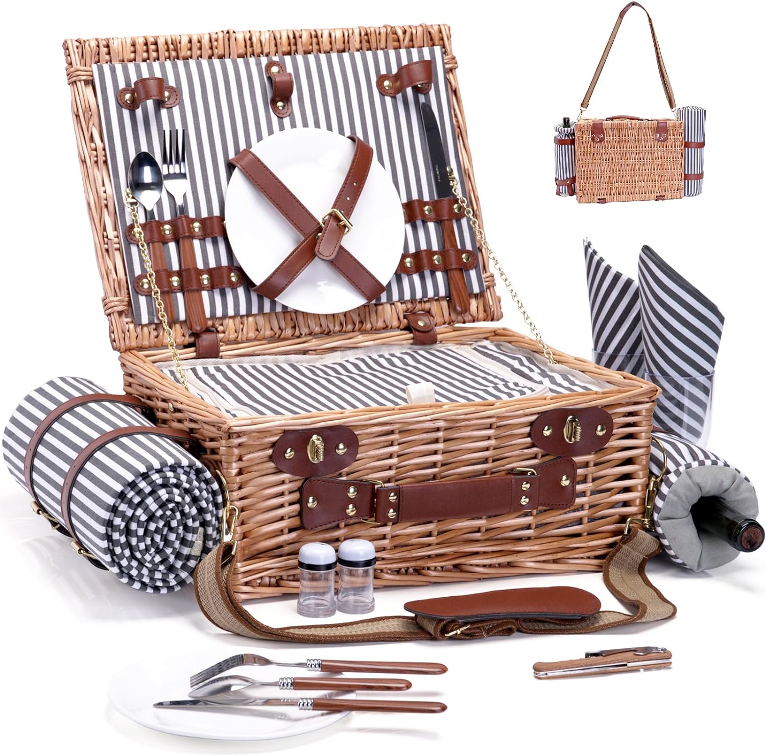 Picnic Basket with Blanket and Wine Pouch for 2 Wicker Picnic Set with Insulated Liner Cooler Bag Hamper for Camping,Wedding,Valentine Day,Gift - Reinforced Handle, Stripes