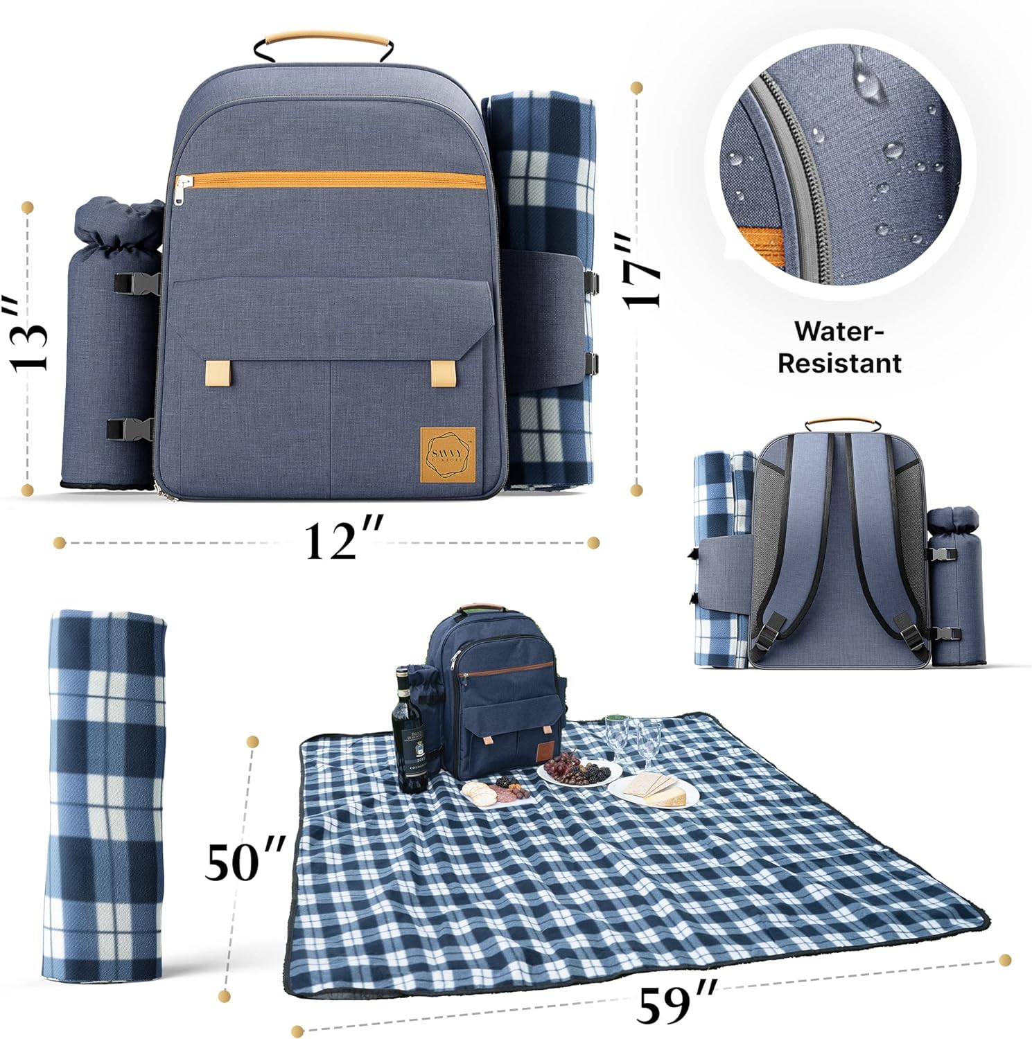 | Picnic Backpack Set for 4 with Large Cooler Backpack, Waterproof Picnic Blanket, Insulated Bottle Holder & Cutlery Set. Picnic Basket in a Backpack- for The Beach, Park, Date Night