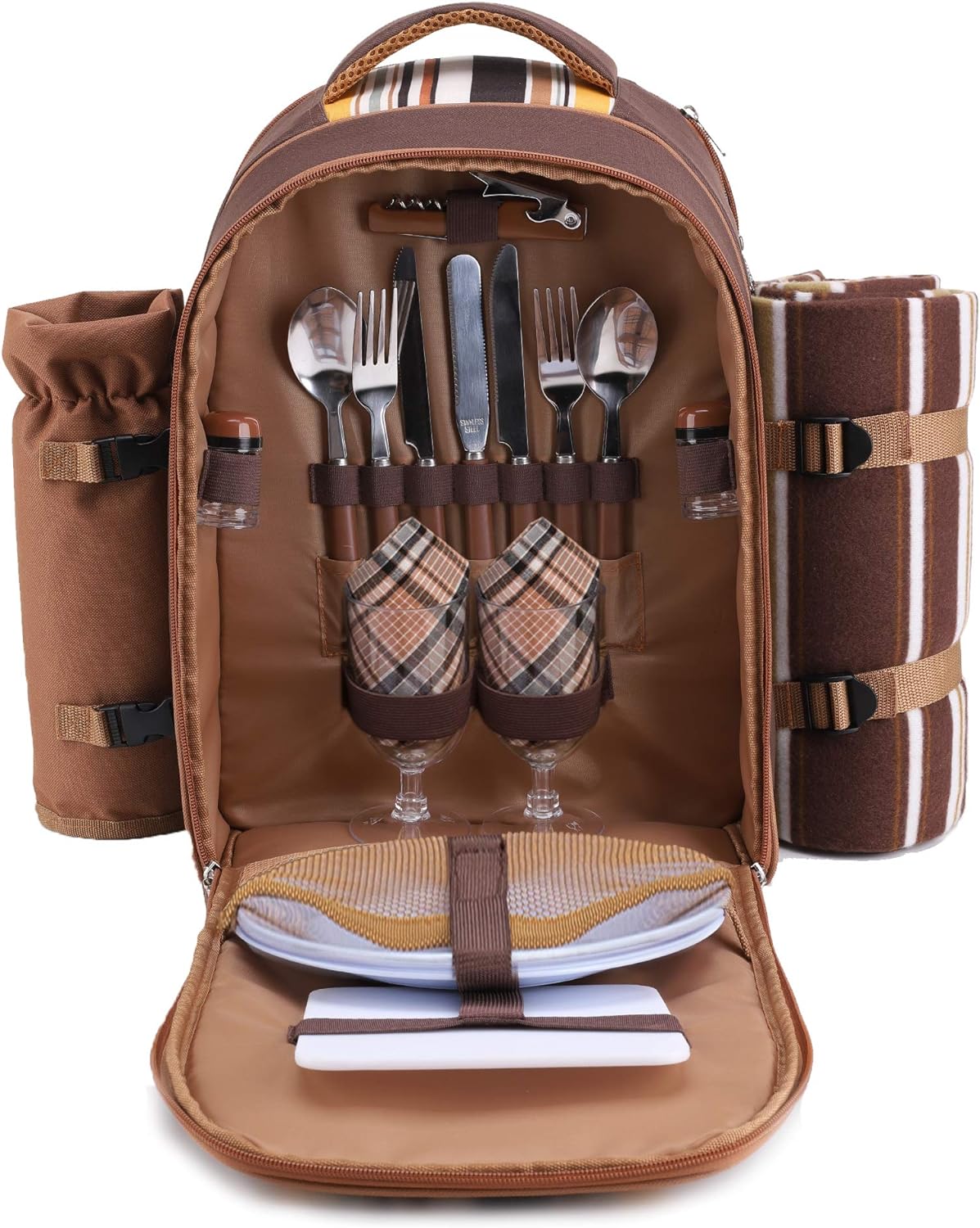 apollo walker Picnic Backpack Bag for 2 Person with Cooler Compartment, Detachable Bottle/Wine Holder, Fleece Blanket, Plates and Cutlery(2 Person, Brown)