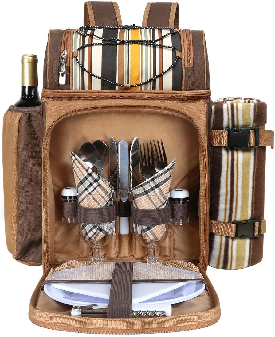 Hap Tim Picnic Basket Backpack for 2 Person with 2 Insulated Cooler Compartment, Wine Holder, Fleece Blanket, Cutlery Set,Perfect for Beach, Day Travel, Hiking, Camping, BBQs, Family or Wedding Gifts