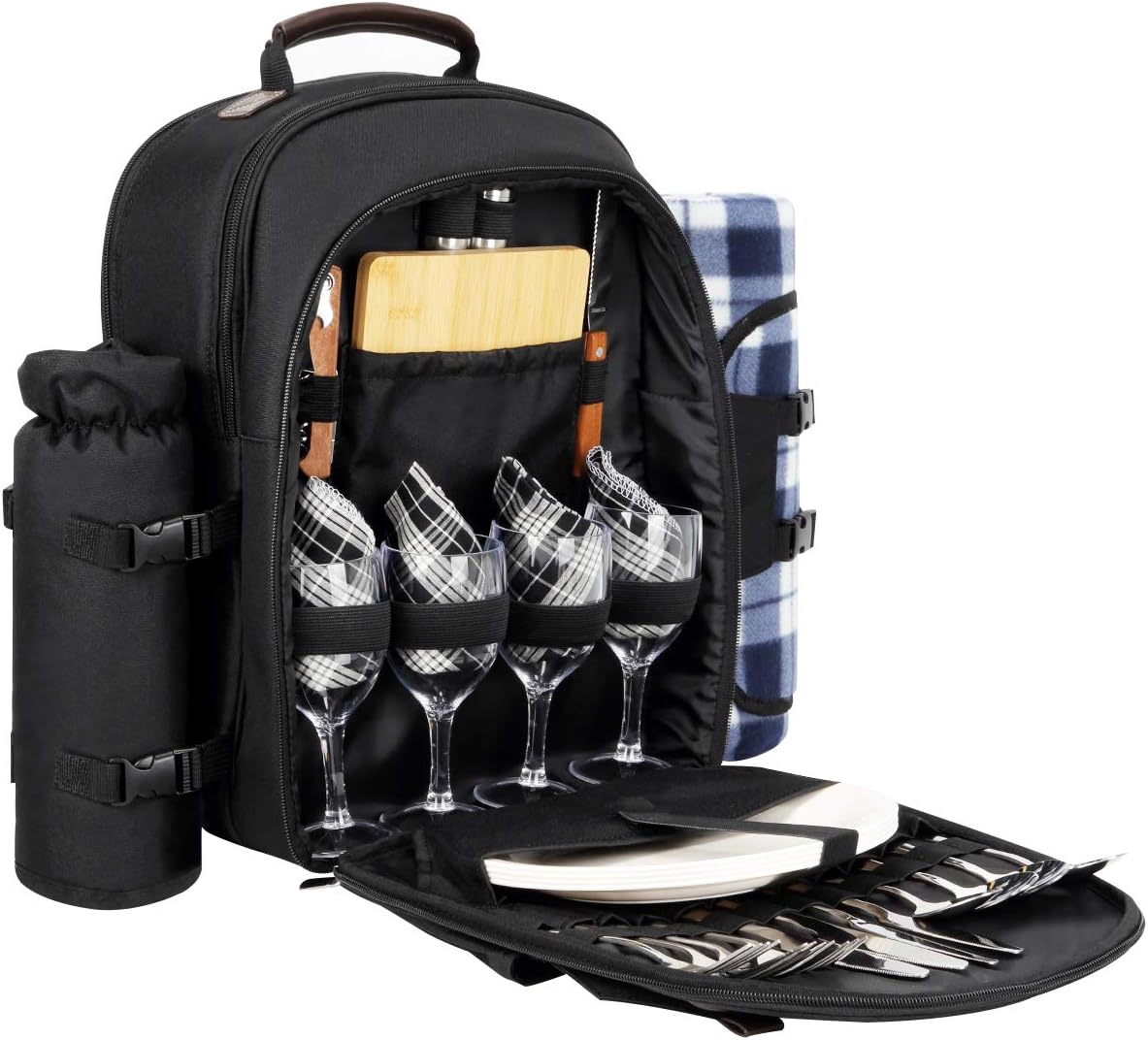 Sunflora Picnic Backpack for 4 Person with Blanket Picnic Basket Set for 2 with Insulated Cooler Wine Pouch for Family Couples (Black)