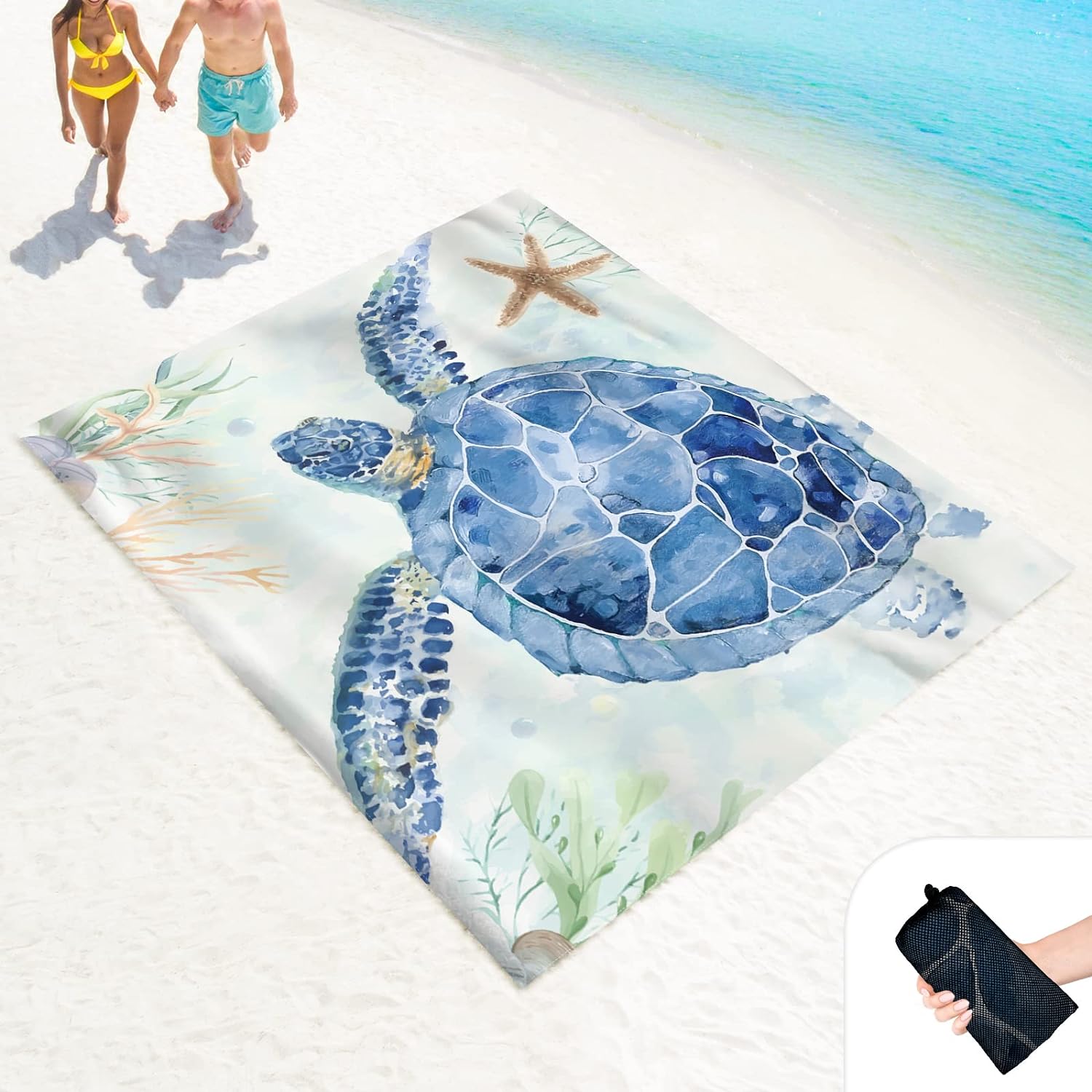 Beach Blanket Sand Proof Waterproof Oversized 100 x 80 Sand Free Mat with Corner Pockets and Mesh Bag for Outdoor, Picnic, Travel, Beach Accessories Portable, Watercolor Turtle