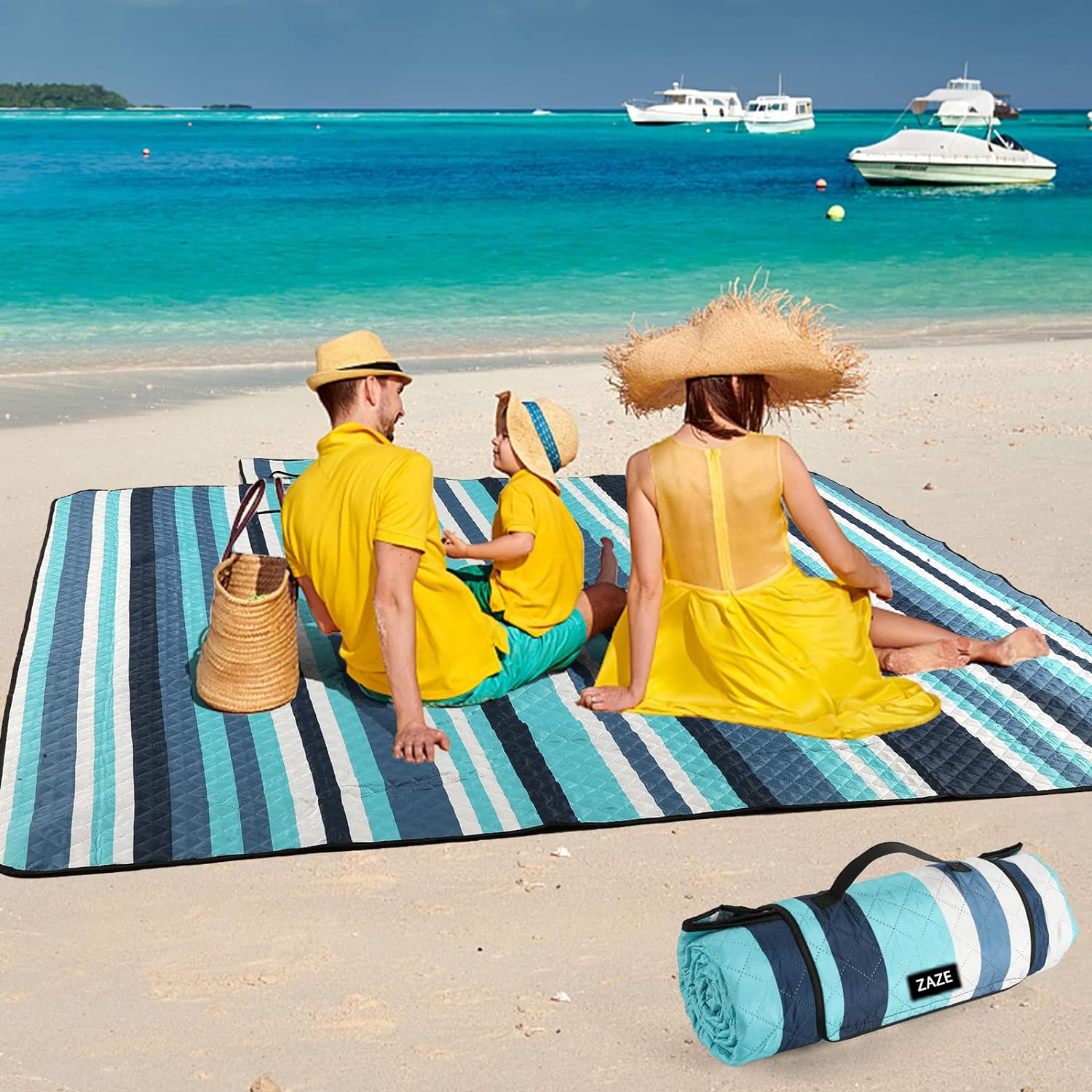 Picnic Blankets Beach Blanket, 80''x80'' Extra Large Thick 3-Layers, Sandproof Machine Washable Waterproof Foldable Oversized XL Outdoor Mat, for Camping, Park, Travel, Grass(Blue White Stripe)