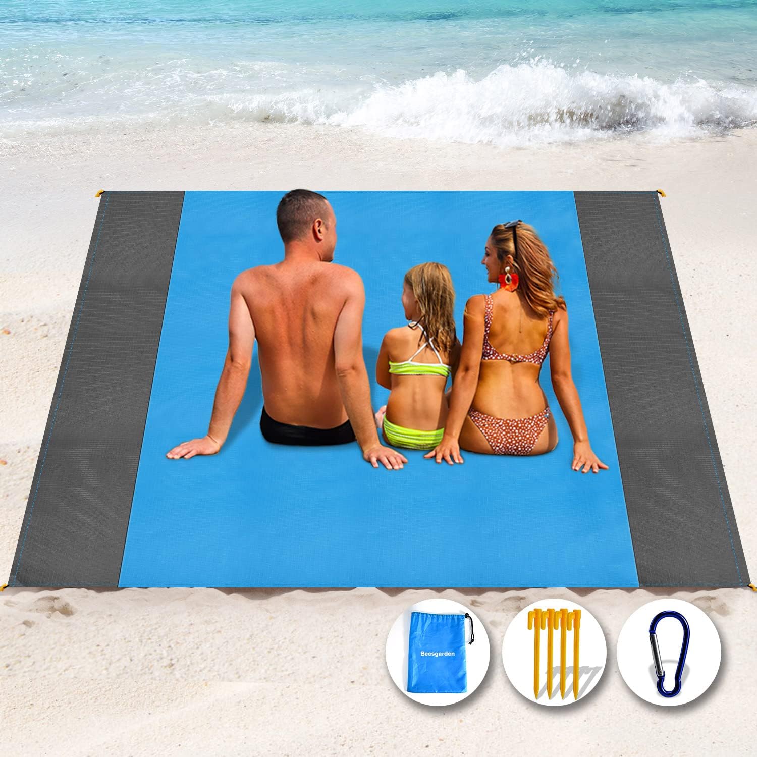 Beach Blanket Waterproof Sandproof, 79''98'' Oversized Lightweight Blue Beach Mat with 4 Stakes for 5-8 Adults, Summer Essentials Outdoor Large Blanket for Travel Camping Hiking Picnic