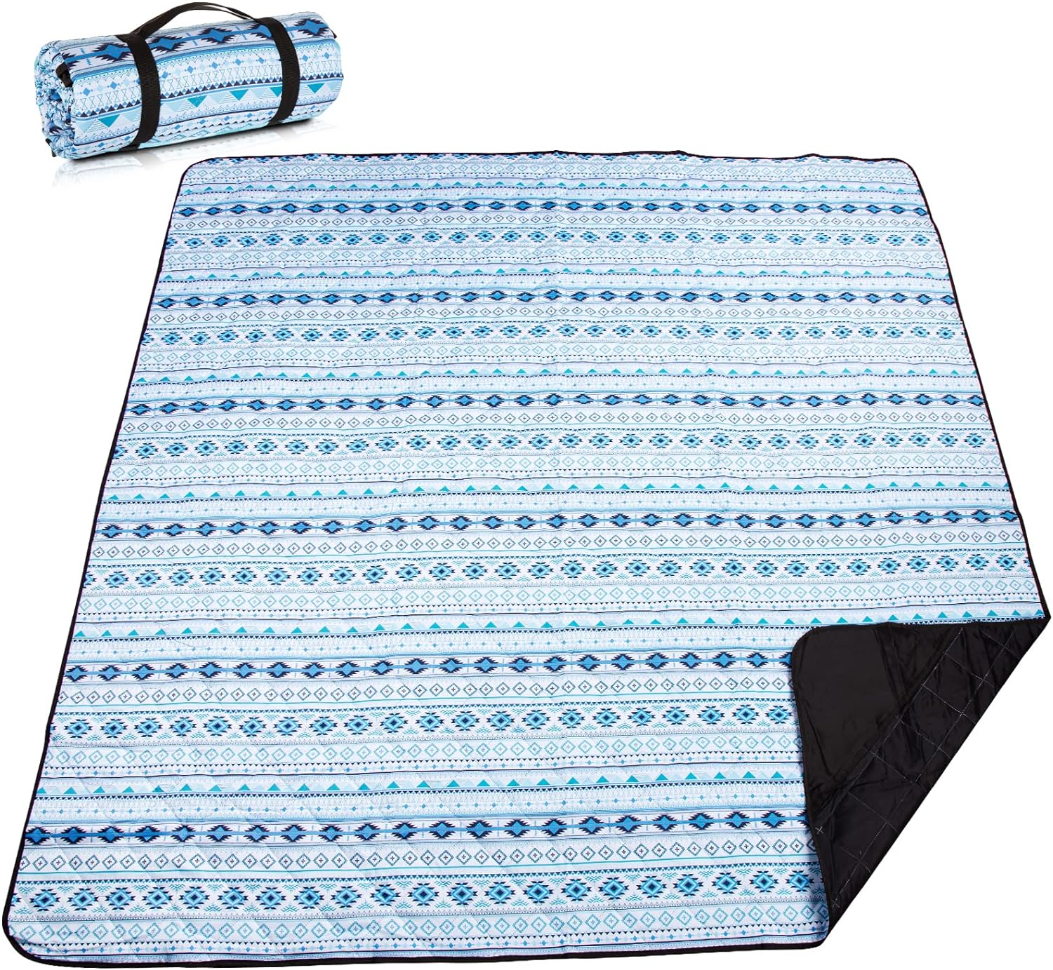 Extra Large(79 x 83) Picnic Blanket, 3-Layer Thicking Outdoor Camping Blanket, Machine Washable Beach Blanket, Waterproof and Wear-Resistant, Soft and Comfortable(Boho Blue)