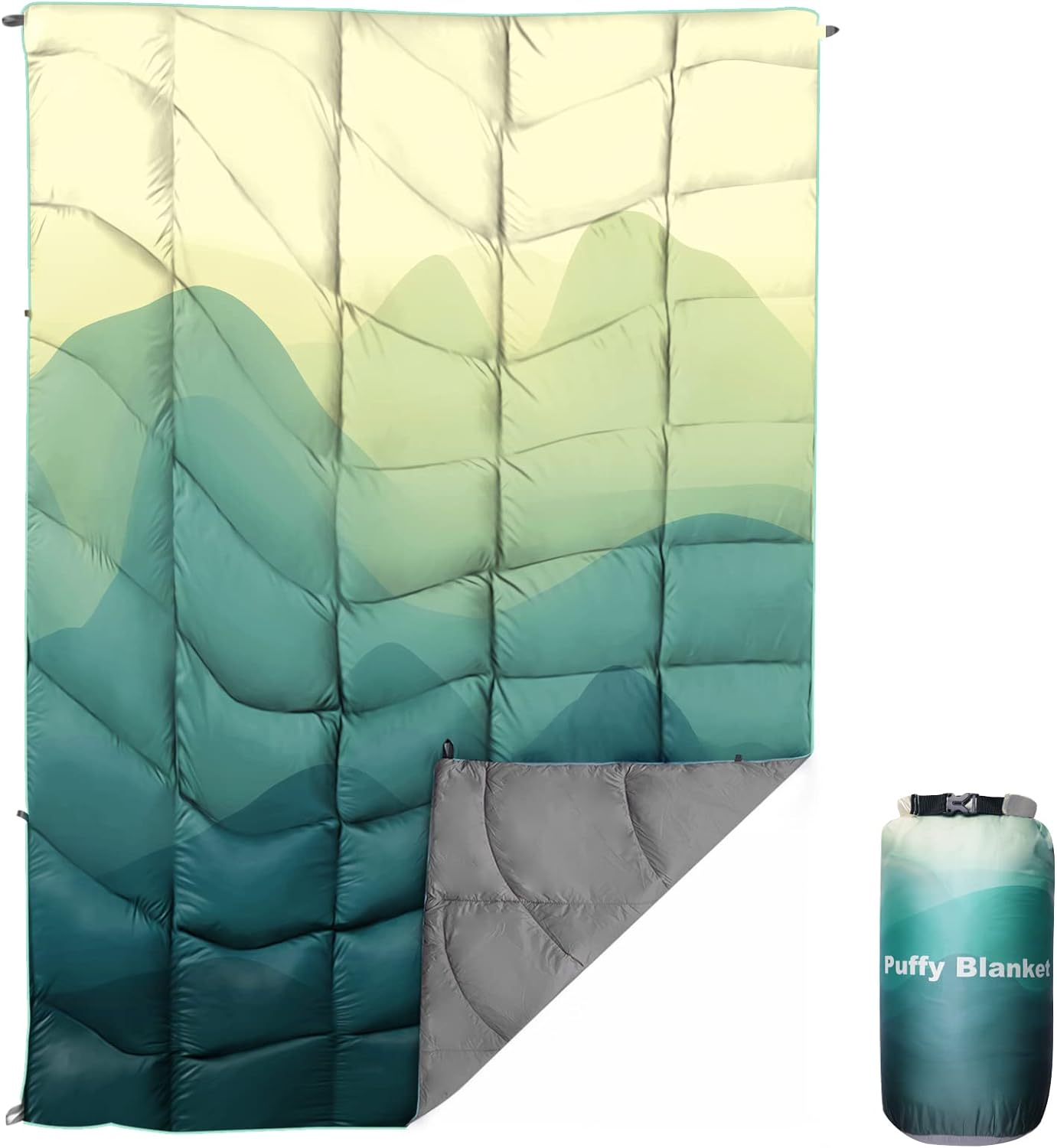 Outdoor Puffy Camping Blanket, Lightweight Down Alternative Puffy Printed Camping Large Ultra Warm Hammock Top Quilt Waterproof Blanket for Traveling Picnic Beach Party Cold Weather (green mountain)