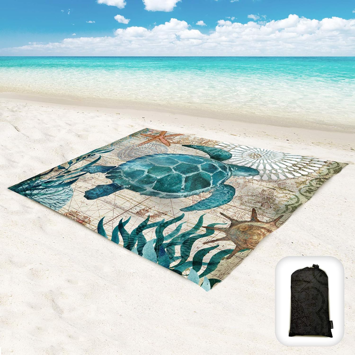 Beach Blanket Waterproof Sandproof Oversized 95x 80,Sand Free Beach Mat with Corner Pockets,Portable Mesh Bag for Beach Festival,Picnic,Travel and Outdoor Camping (Seaturtle)