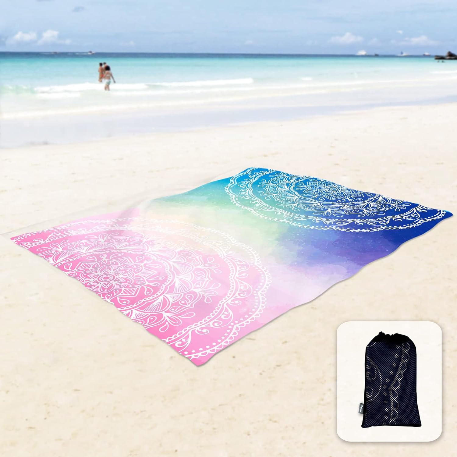 Sunlit Silky Soft 106x81 Boho Sand Proof Beach Blanket Sand Proof Mat with Corner Pockets and Mesh Bag for Beach Party, Travel, Camping and Outdoor Music Festival, Blue and Pink Mandala