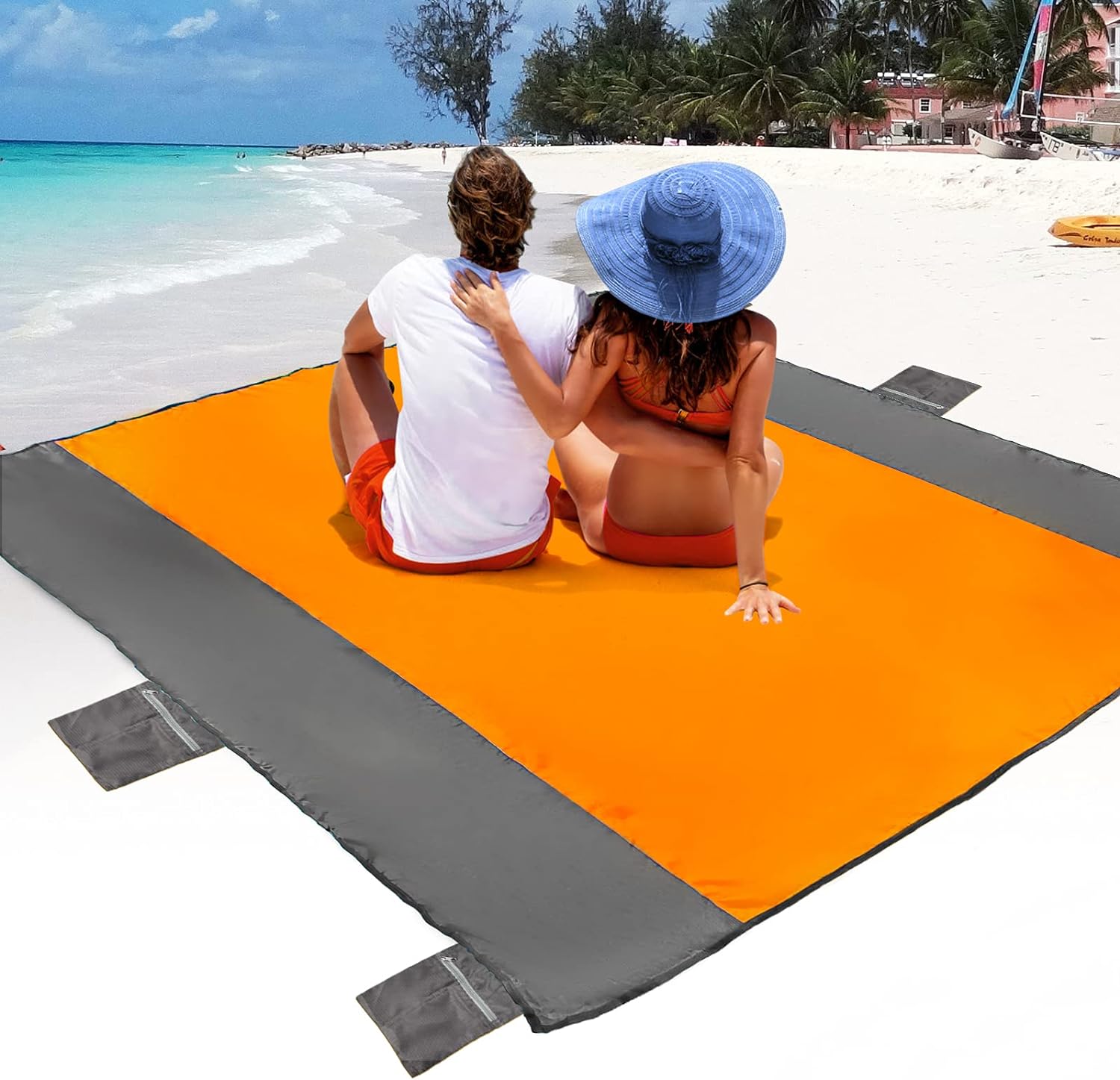 POPCHOSE Beach Blanket, Sandfree Beach Mat 108x85.2/83x78 for 7 Persons, Extra Large Beach Blanket Waterproof Sandproof with 6 Stakes, Easy to Clean, Lightweight Compact Beach Accessories