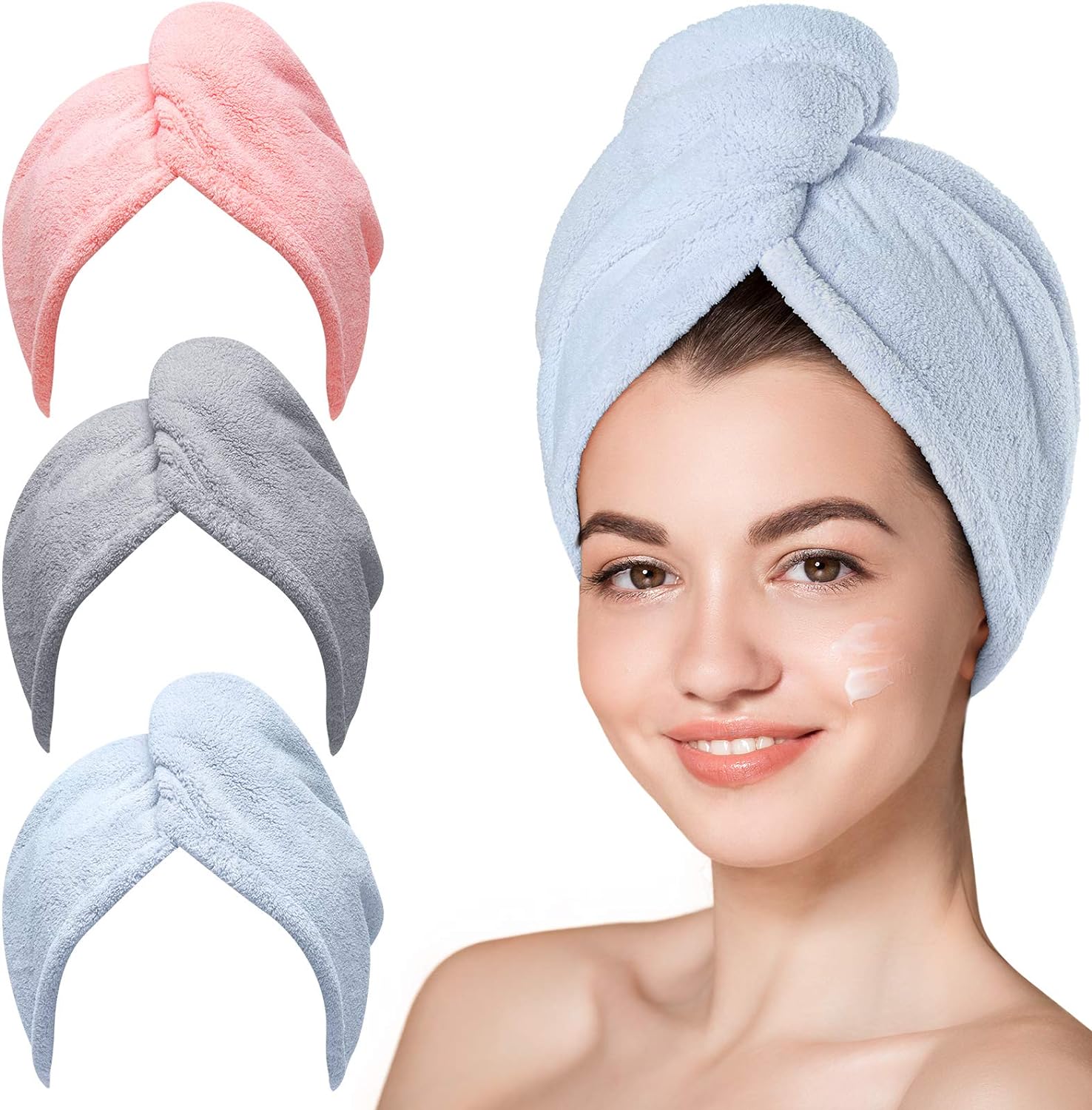 Hicober Microfiber Hair Towel, 3 Packs Hair Turbans for Wet Hair, Drying Hair Wrap Towels for Curly Hair Women Anti Frizz (Blue,Grey,Pink)