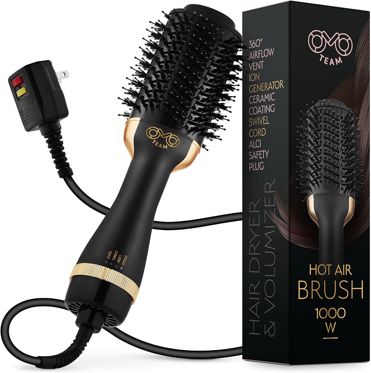 Professional Blowout Hair Dryer Brush, Black Gold Dryer and Volumizer, Hot Air Brush for Women, 75MM Oval Shape (Black Gold)