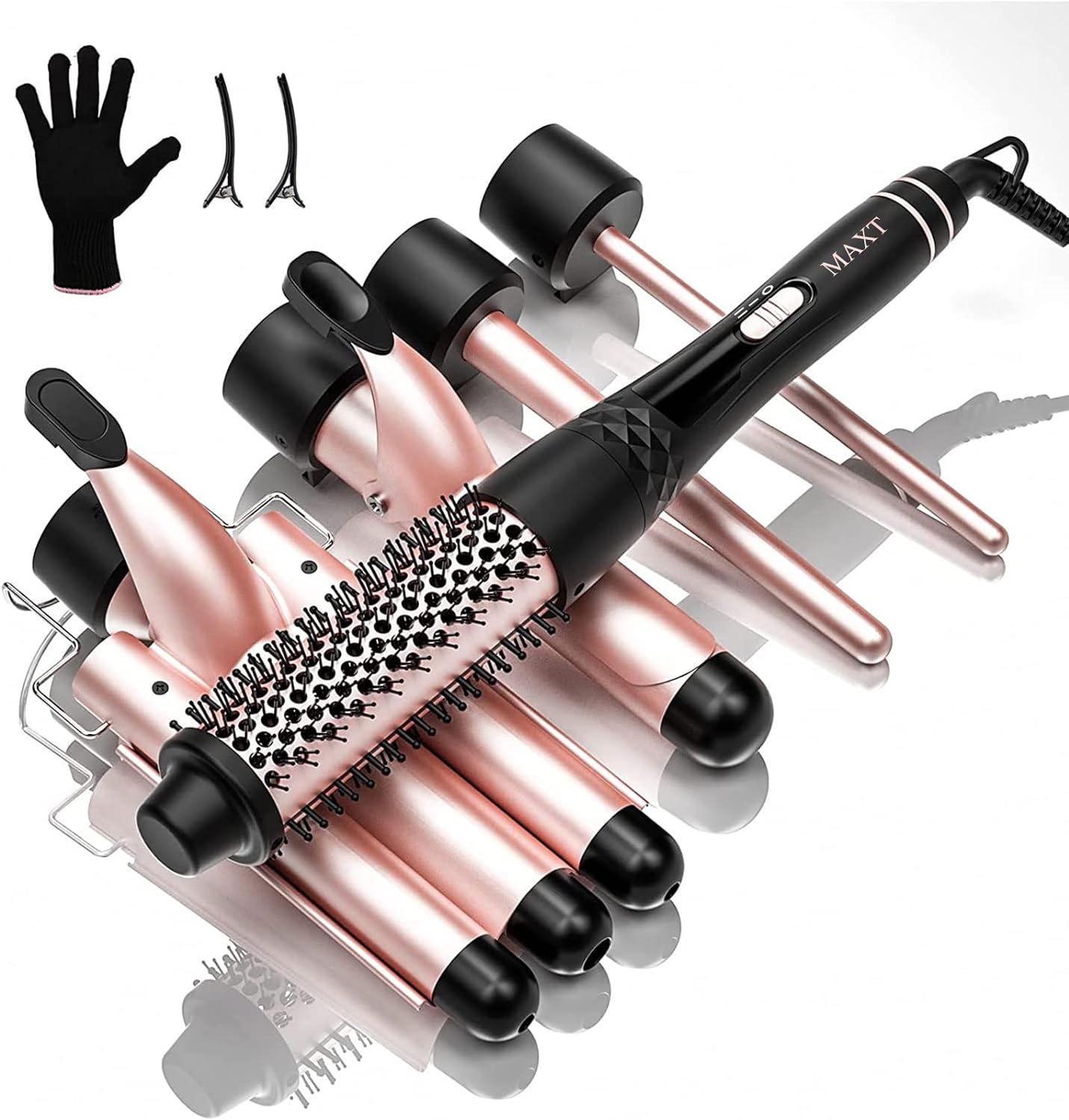 Curling Iron Set 5 in 1,MAXT Curling Wand Set Interchangeable Triple Barrel Curling Iron and Curling Brush Ceramic Barrel Wand Curling Iron(0.35-1.25)