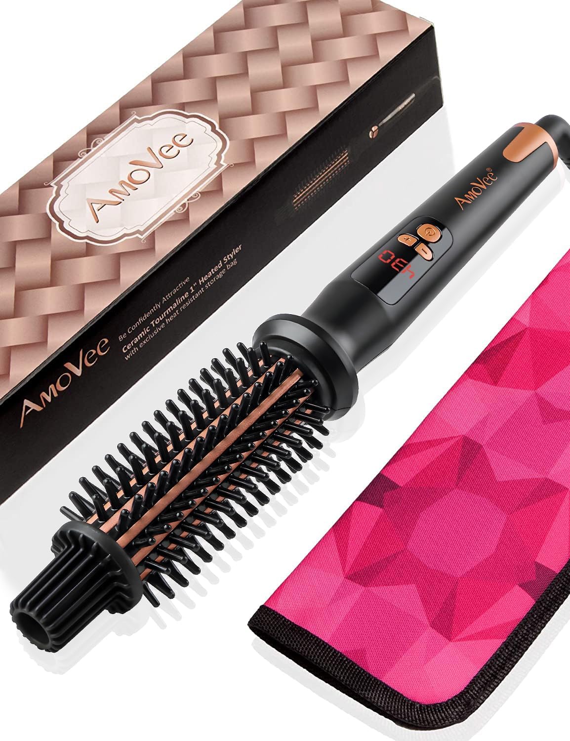 AmoVee Curling Iron Brush 1 Inch, Ceramic Tourmaline Ionic Hair Curling Wand Volumizing Hot Brush with Barrel & Anti-Scald Bristles for All Hair Types, Dual Voltage, Instant Heat