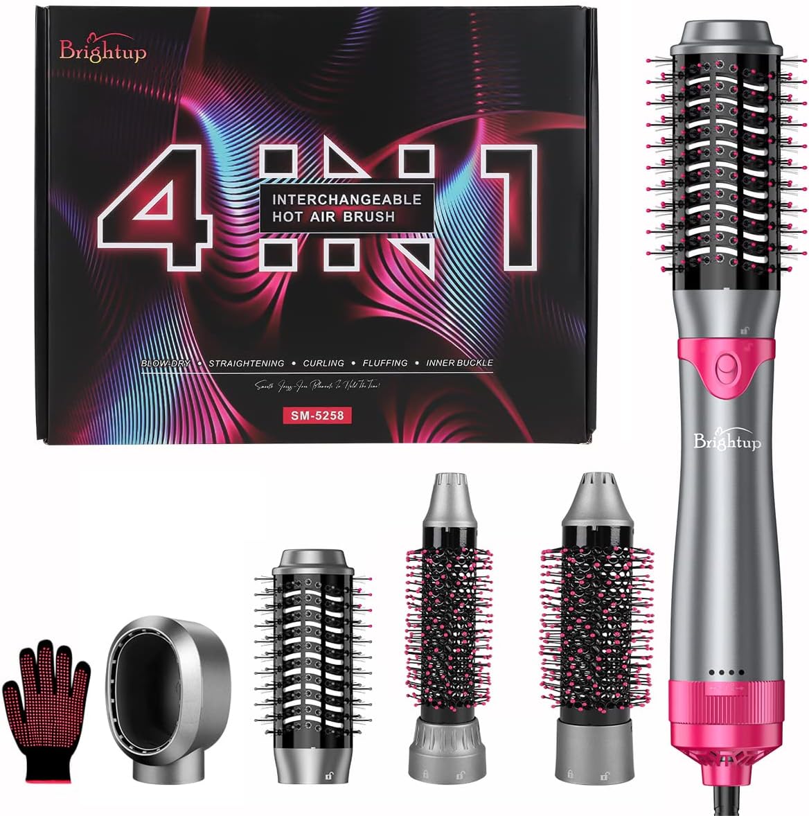 Brightup Blow Dryer Brush & Volumizer with Negative Ionic Technology, Detachable & Interchangeable Brush Head, Hair Dryer Brush for Curling, Straightening & Styling, Heat Protective Glove Included