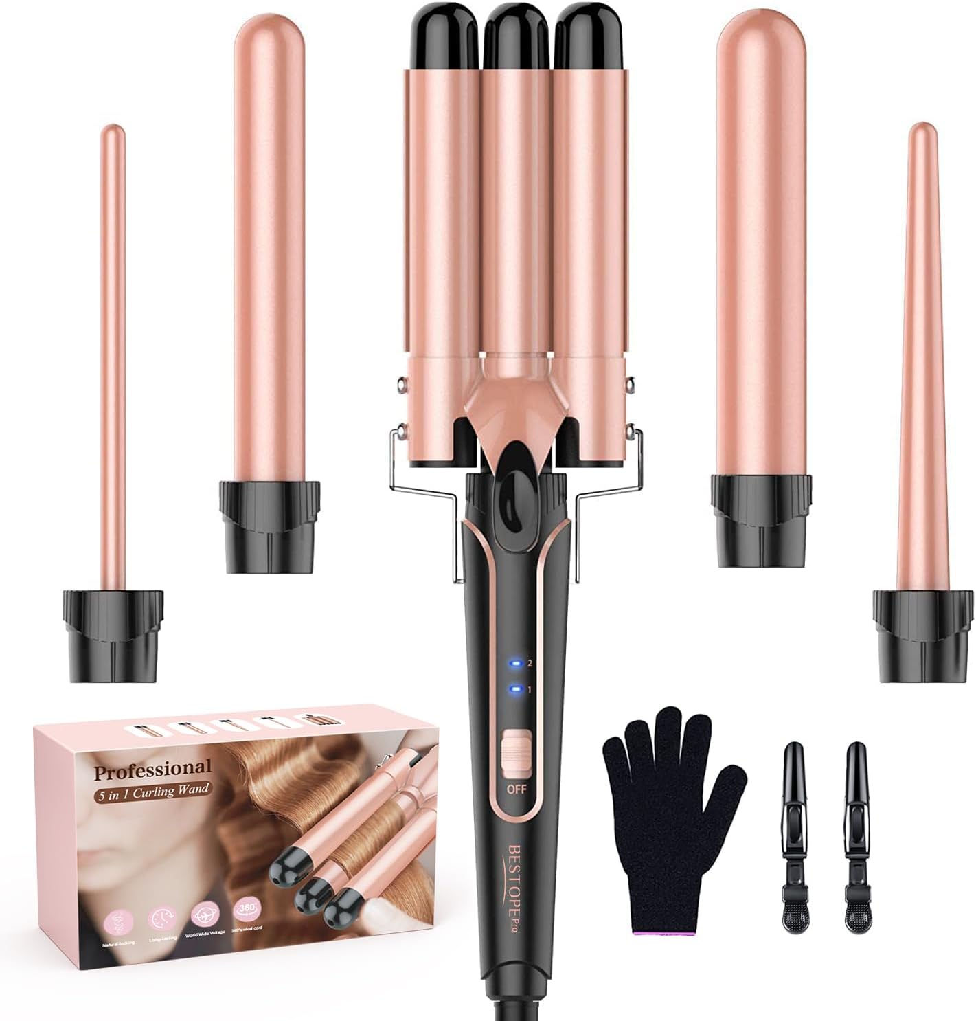 Waver Curling Iron Wand, BESTOPE PRO 5 in 1 Curling Wand Set with 3 Barrel Hair Crimper for Women, Fast Heating Hair Wand Curler in All Hair Type