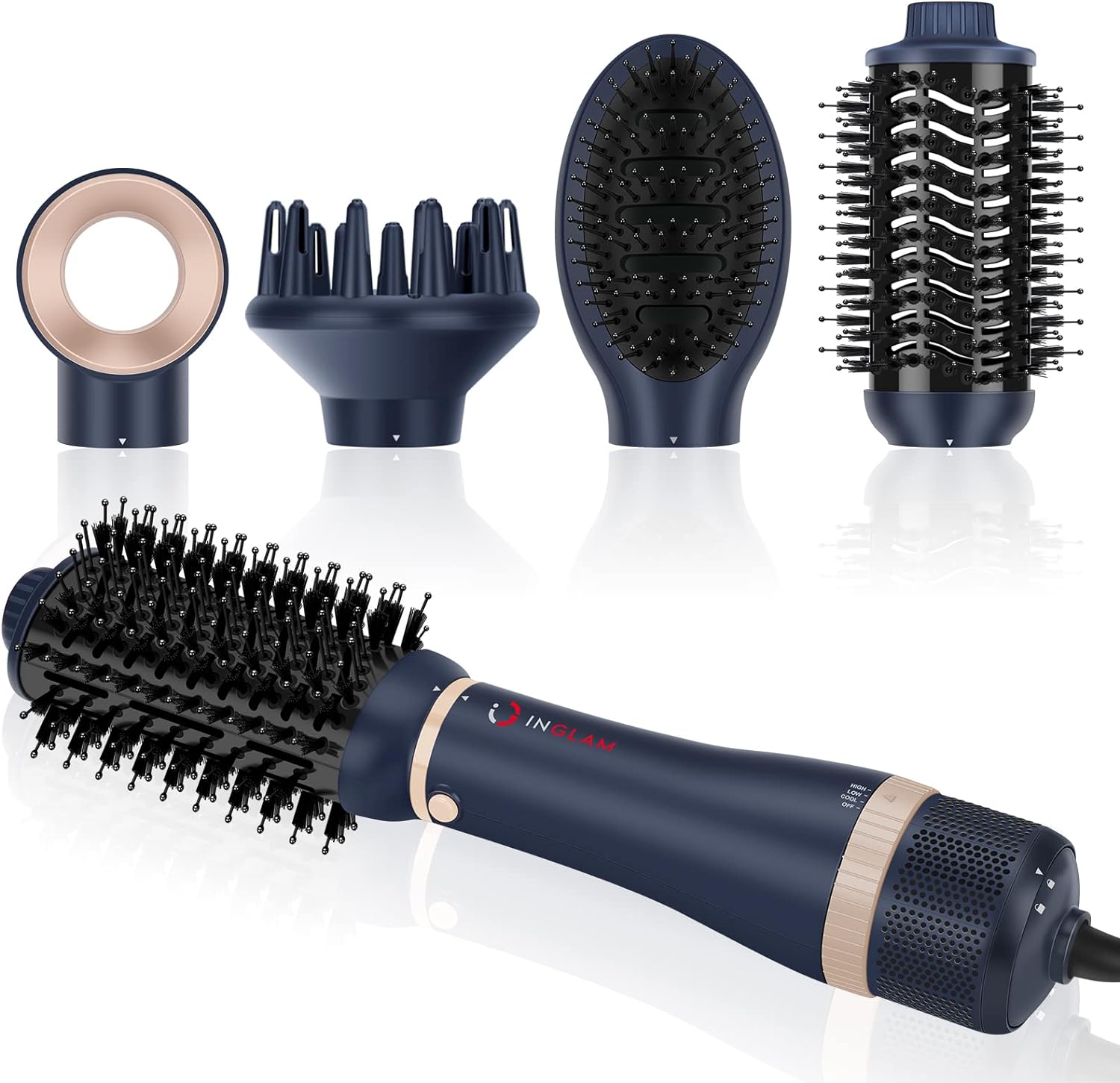 Hair Dryer Brush Set, IG INGLAM 4 in 1 Blowout Brush, Negative Ion Detachable Hair Dryer & Styler Volumizer Hot Air Hair Dryer Brush with 2 Styling Brush Heads, Prussian Blue