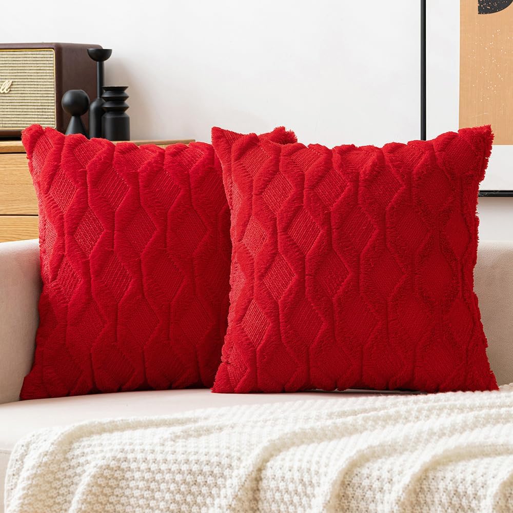 MIULEE Red Throw Pillow Covers 20x20 Set of 2 Decorative Farmhouse Couch Throw Pillows Boho Shells Soft Plush Wool Pillowcases for Bedroom Living Room Sofa