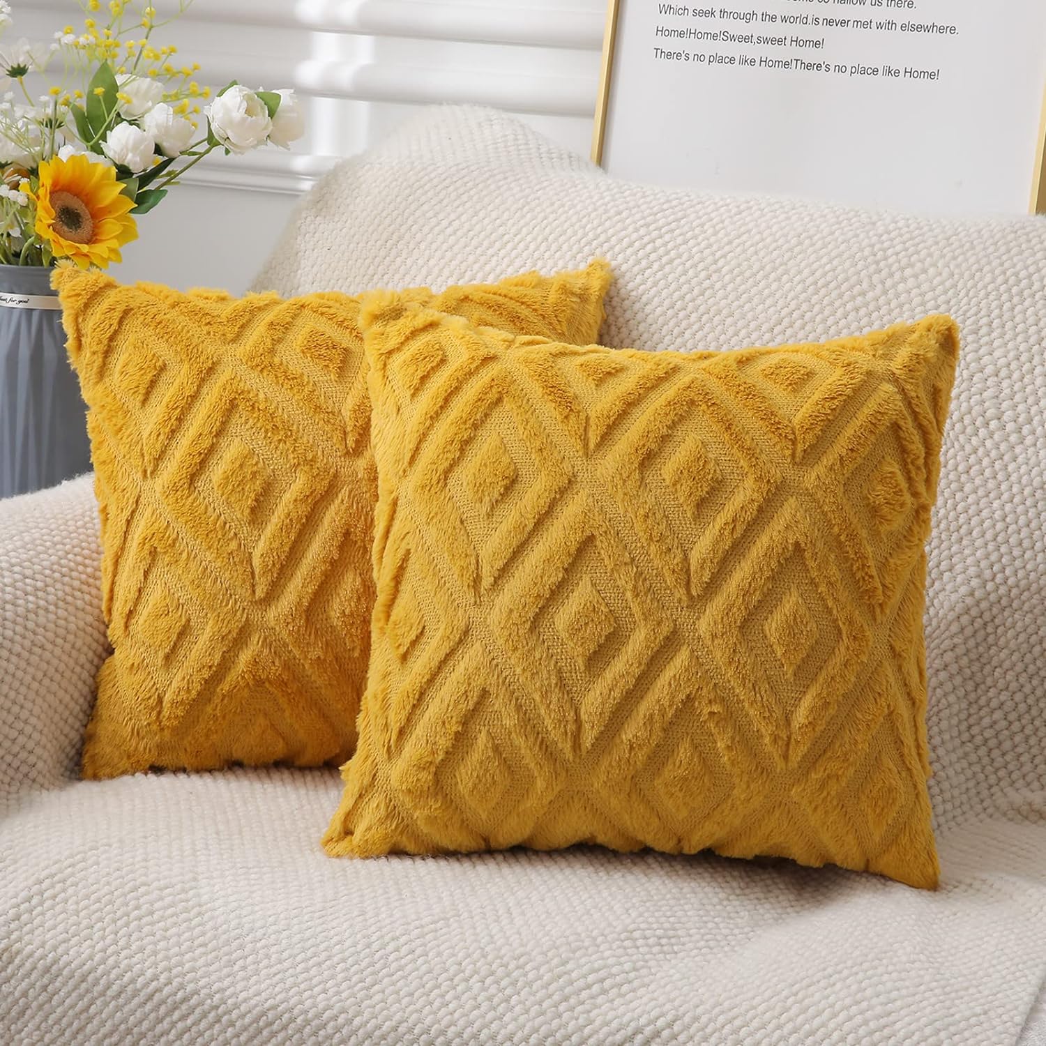 Soft Faux Fur Throw Pillow Covers 16x16 - Plush Short Wool Velvet Decorative Pillow Covers - Couch Sofa Pillow Covers for Living Room - with 3D Diamond Pattern - Set of 2 - Mustard Yellow