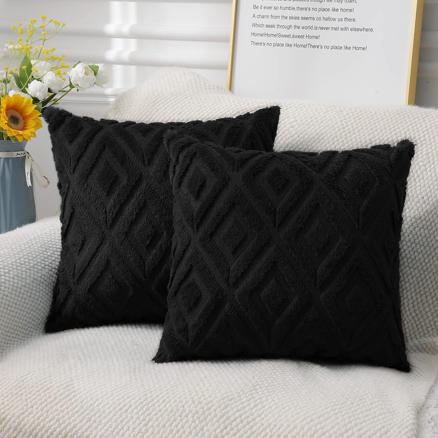 Soft Faux Fur Throw Pillow Covers 16x16 - Plush Short Wool Velvet Decorative Pillow Covers - Couch Sofa Pillow Covers for Living Room - with 3D Diamond Pattern - Set of 2 - Black