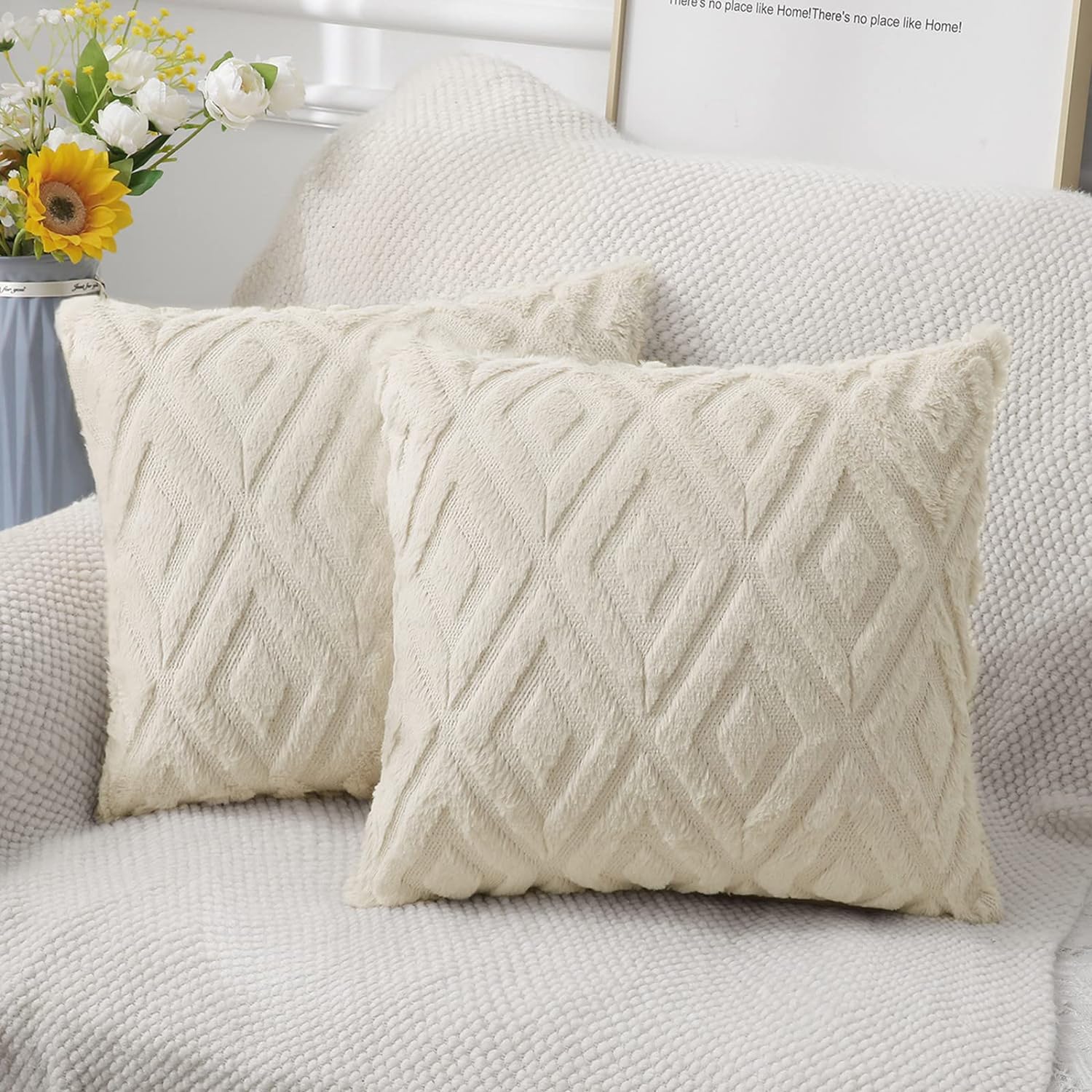 Soft Faux Fur Throw Pillow Covers 16x16 - Plush Short Wool Velvet Decorative Pillow Covers - Couch Sofa Pillow Covers for Living Room - with 3D Diamond Pattern - Set of 2 - Beige