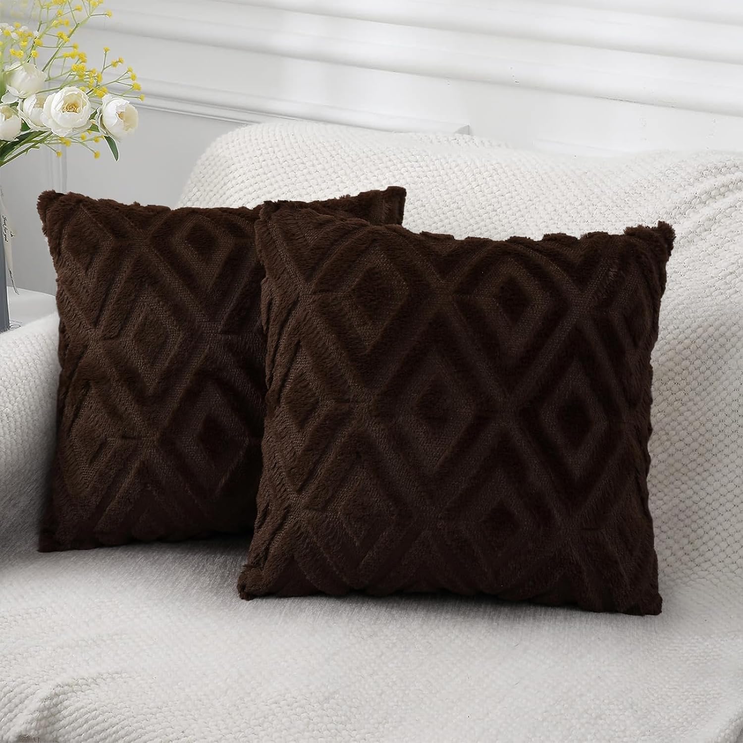 Soft Faux Fur Throw Pillow Covers 18x18 - Plush Short Wool Velvet Decorative Pillow Covers - Couch Sofa Pillow Covers for Living Room - with 3D Diamond Pattern - Set of 2 - Brown