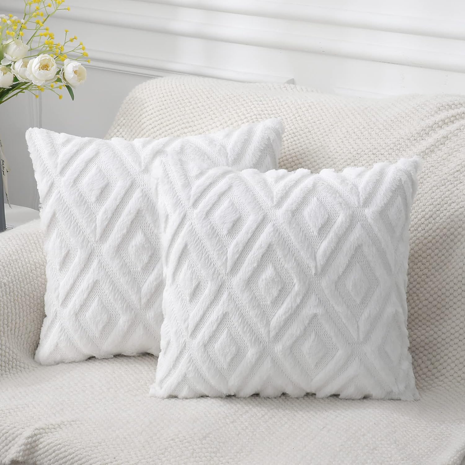 Soft Faux Fur Throw Pillow Covers 18x18 - Plush Short Wool Velvet Decorative Pillow Covers - Couch Sofa Pillow Covers for Living Room - with 3D Diamond Pattern - Set of 2 - Pure White