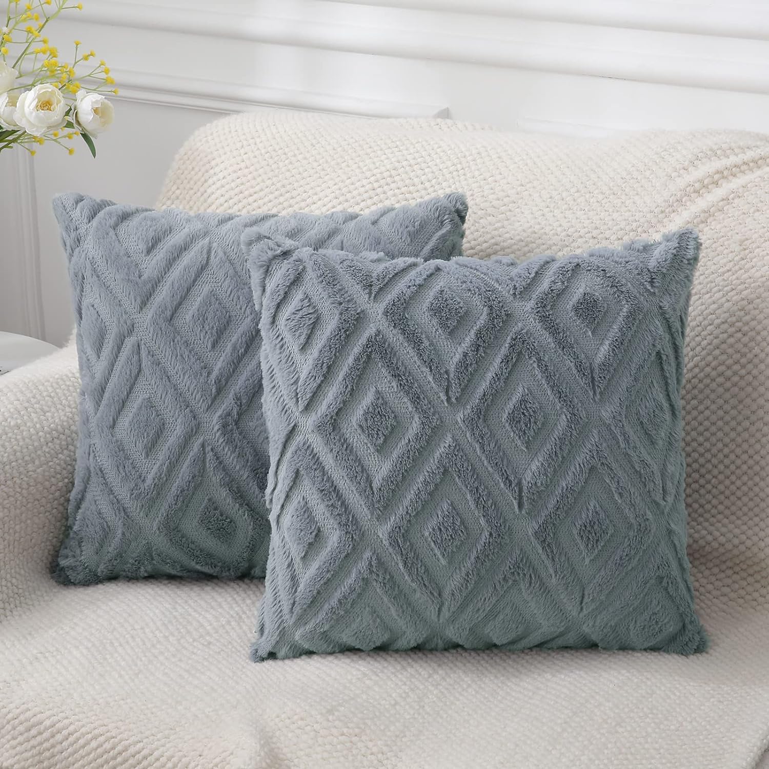 Soft Faux Fur Throw Pillow Covers 18x18 - Plush Short Wool Velvet Decorative Pillow Covers - Couch Sofa Pillow Covers for Living Room - with 3D Diamond Pattern - Set of 2 - Blue Grey