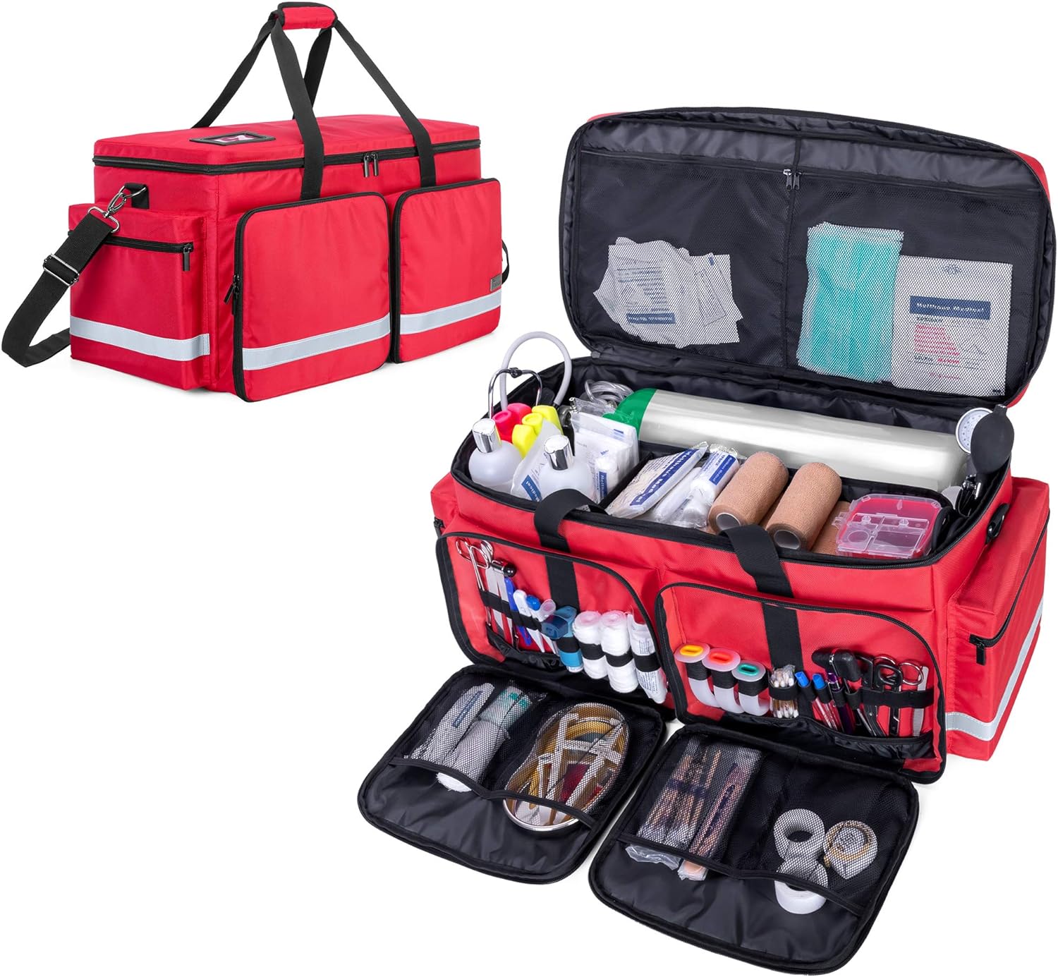 Trunab Emergency Medical Bag Empty with Compartment for Oxygen Tank(M2-M22), First Responder Trauma Bag with Reinforce Bottom Board for Sport Team, Community Volunteer, Red- Patented Design