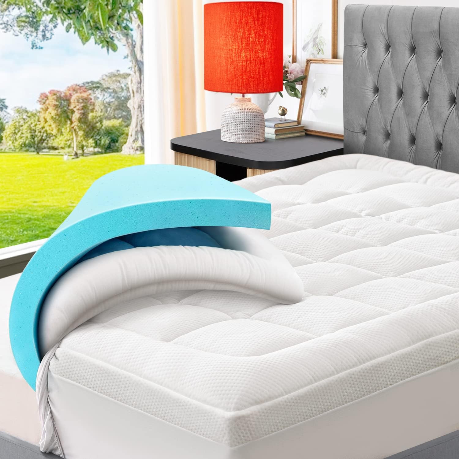 ELEMUSE Dual Layer 3 Inch Memory Foam Mattress Topper King, 2 Inch Cooling Gel Memory Foam Plus 1 Inch Pillow Top Cover, Rayon Made from Bamboo Fabric, Comfort Support Back Pain Relief