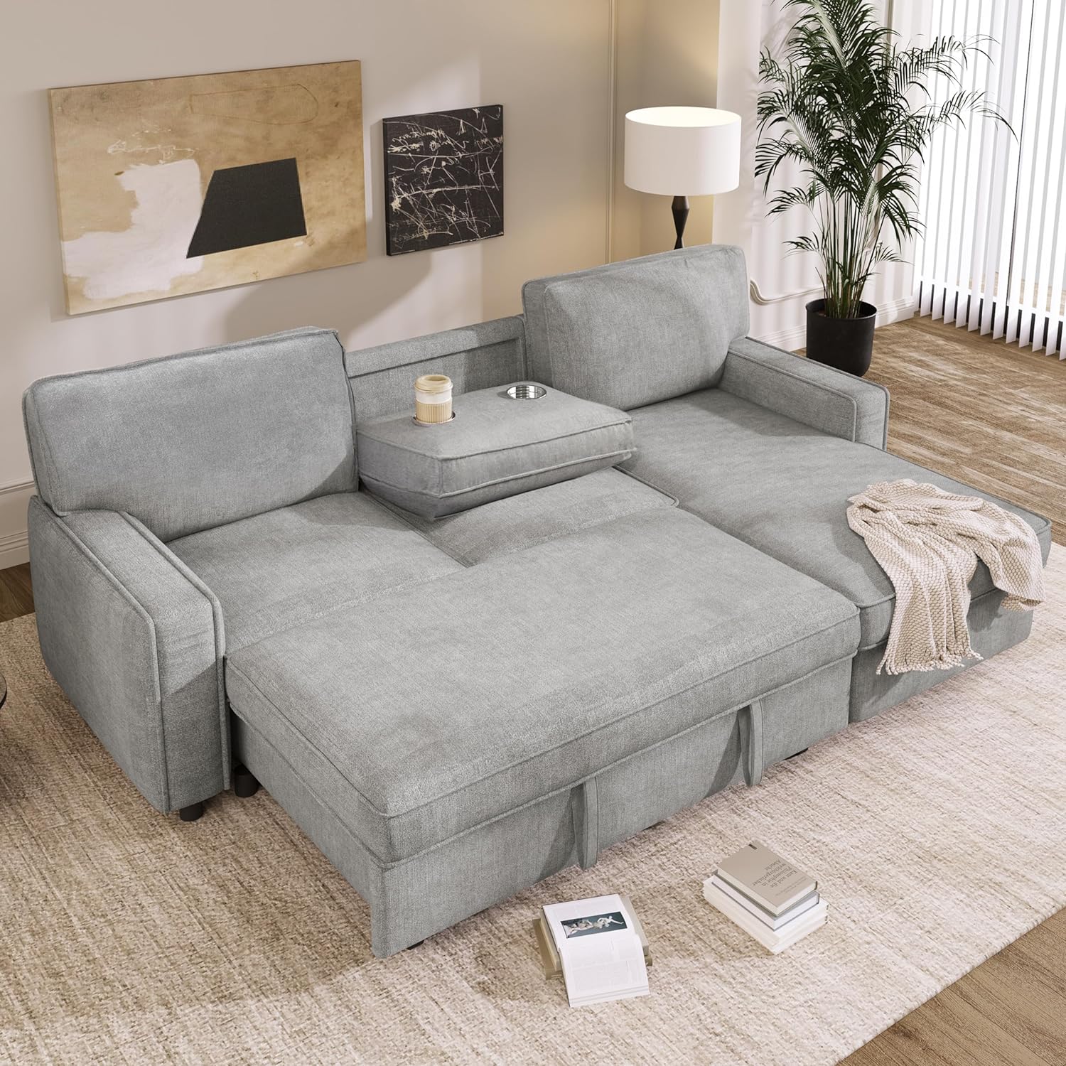 L-Shaped Sleeper Sectional Sofa Modern 3 in 1 Convertible Sofa Bed with Pull Out Sofabed and Drop-Down Cupholders, 3Seaters Corner Sofa&Couch W/Storage Chaise & USB Charging Port for Living Room