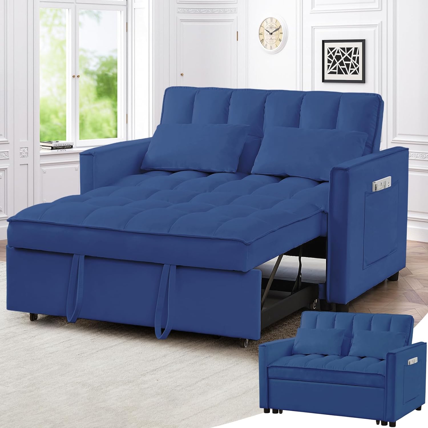 3 in 1 Convertible Sofa Bed, Pull Out Couch with 3-Level Adjust Backrest, Loveseat Sleeper Recliner with Storage Pockets and 2 Pillows, Velvet Chaise Lounge for Living Room, Blue, Full Size