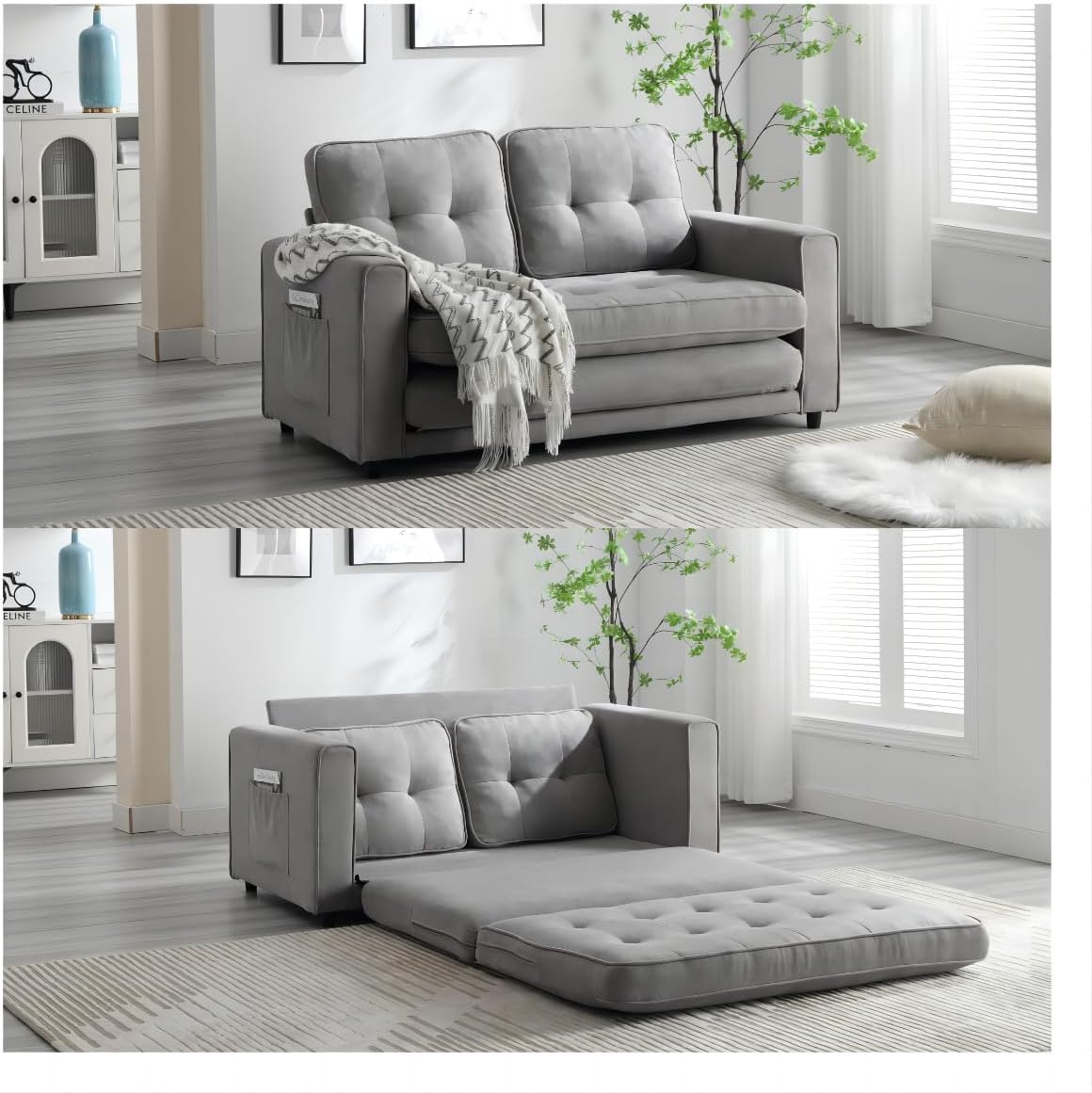 3 Fold Sofa, Convertible Futon Sleeper sofabed,Space Saving loveseat,Pull Out Couch Bed for Living Room,Velvet Linen Fabric, Light Gray