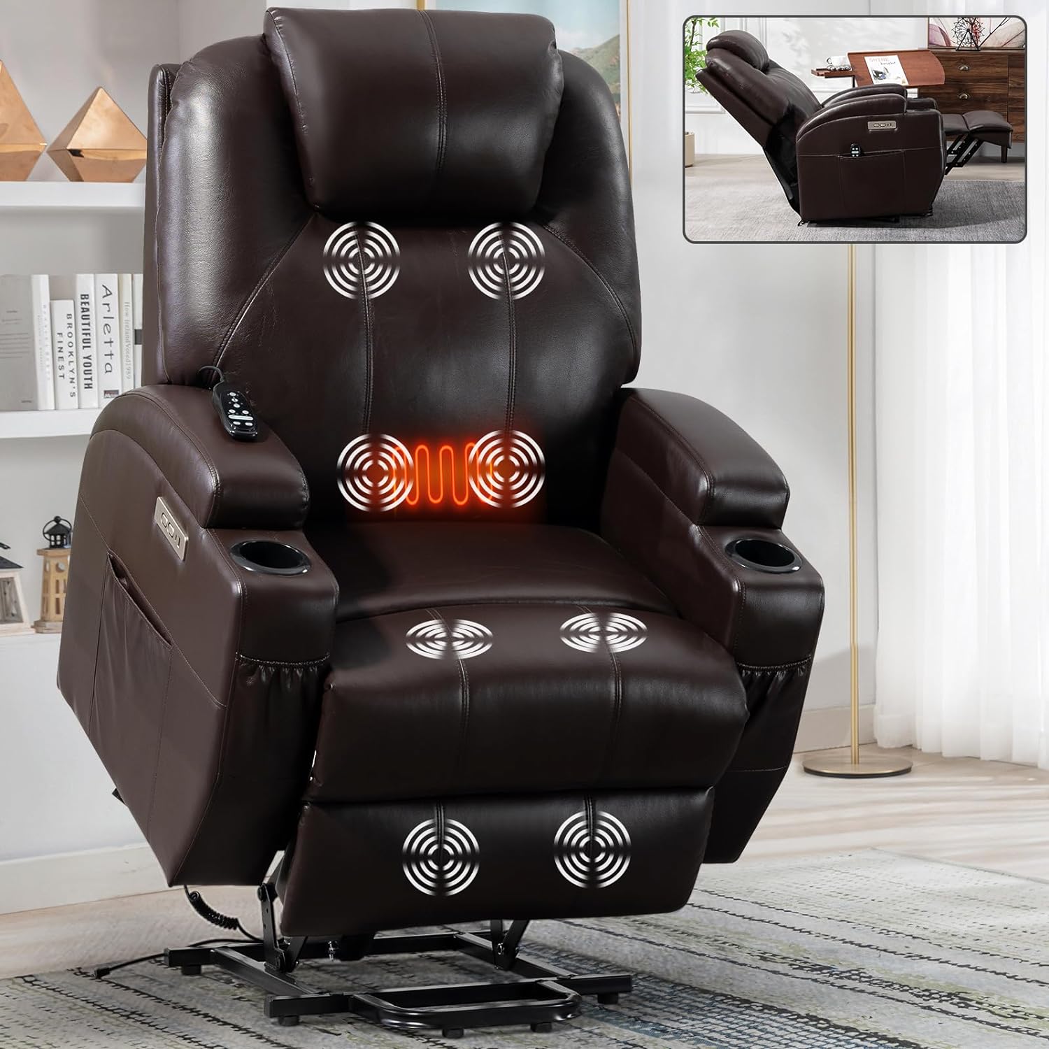 BVHJ10QQ Power Lift Heat and Massage for Elderly, Electric Recliner Chairs with Standing Assistance,2 Cup Holders, 4 Pockets, USB Charge Port, Linen Fabric, Brown