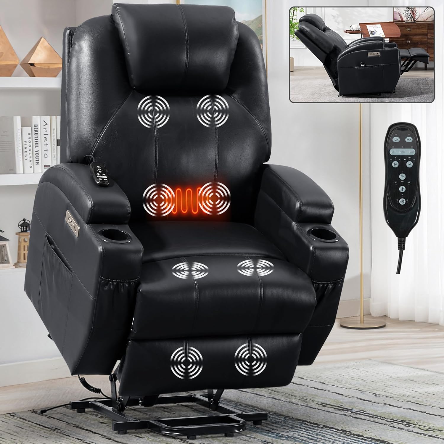 35 Electric Power Lift Lounge Recliner for Elderly, Motor Relax Sofa PU Leather Chair with Massage and Heat, Side Pockets, Remote Control, 2 Cup Holders and USB Charge Port (Black)