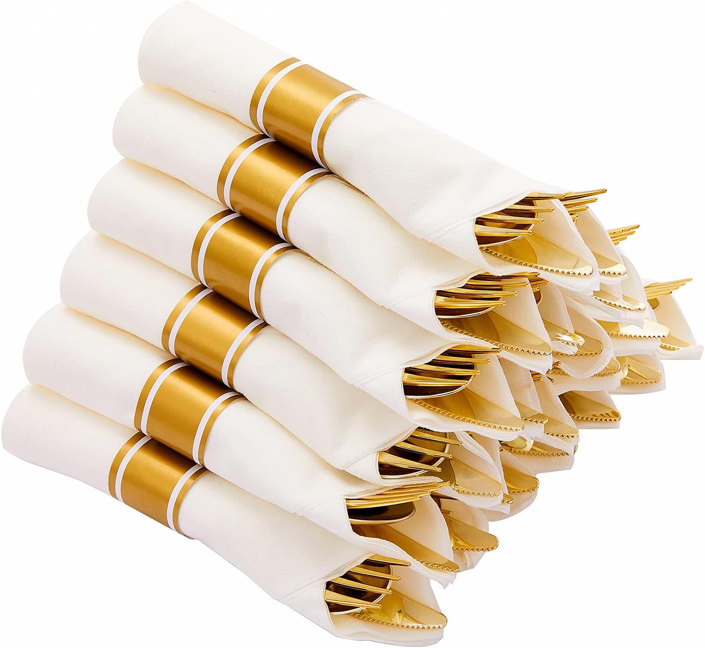 N9R 30 Pack Pre Rolled Gold Plastic Cutlery Set, Wrapped Plastic Silverware Set with 30 Forks, 30 Knives, 30 Spoons and 30 Napkins, Disposable Cutlery Set for Party and Wedding