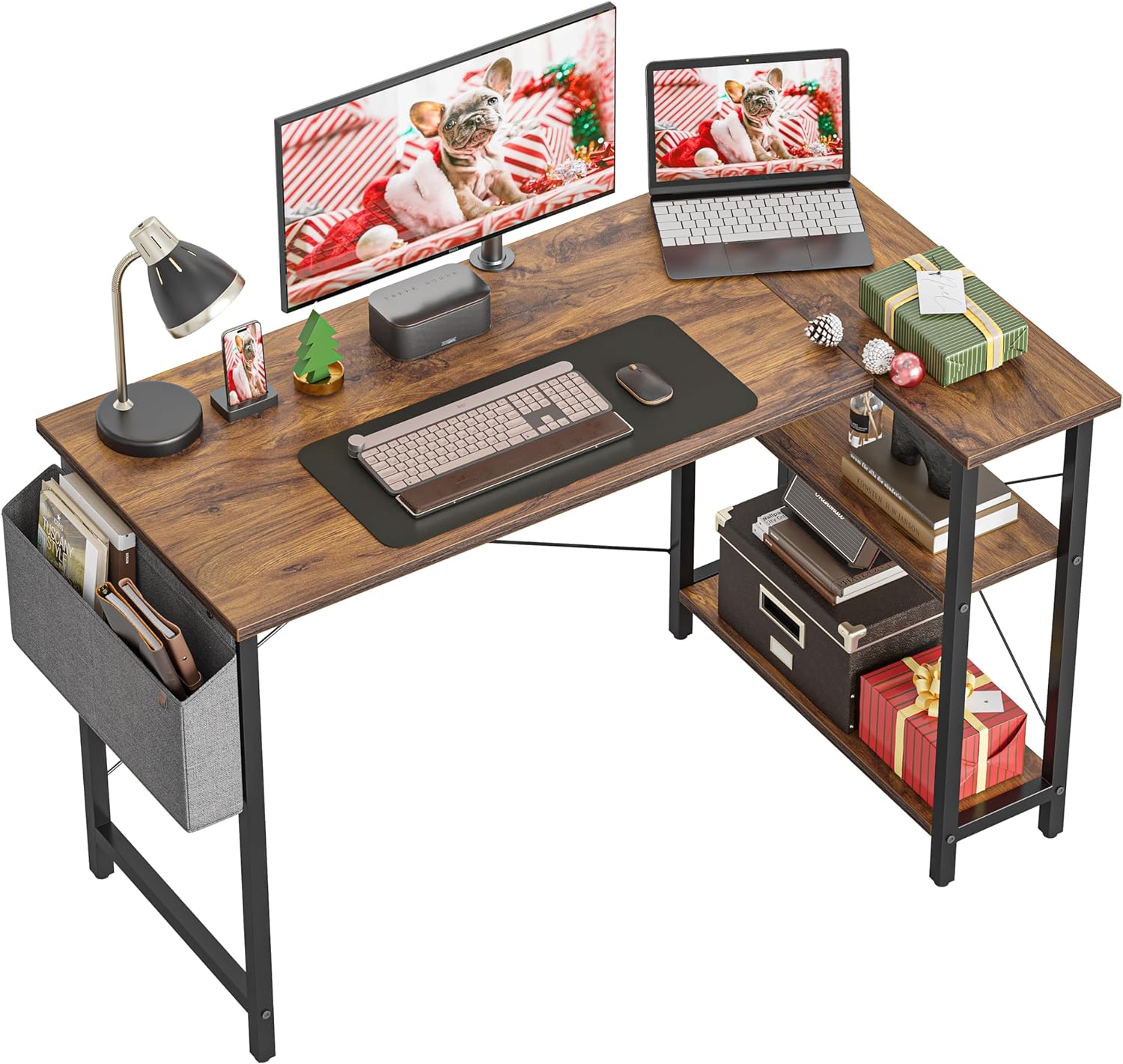 CubiCubi 40 Inch Small L Shaped Computer Desk with Storage Shelves Home Office Corner Desk Study Writing Table, Deep Brown