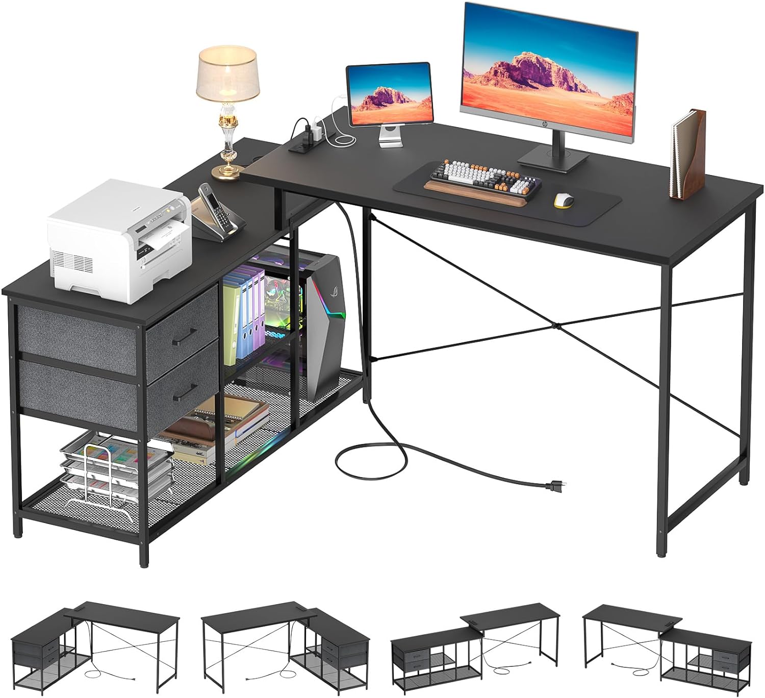 Homieasy Reversible L Shaped Desk with Power Outlet, Corner Computer Desk with Drawers and Storage Shelves, L-Shaped Long Home Office Desk Study Writing Desk Gaming Desk, Black