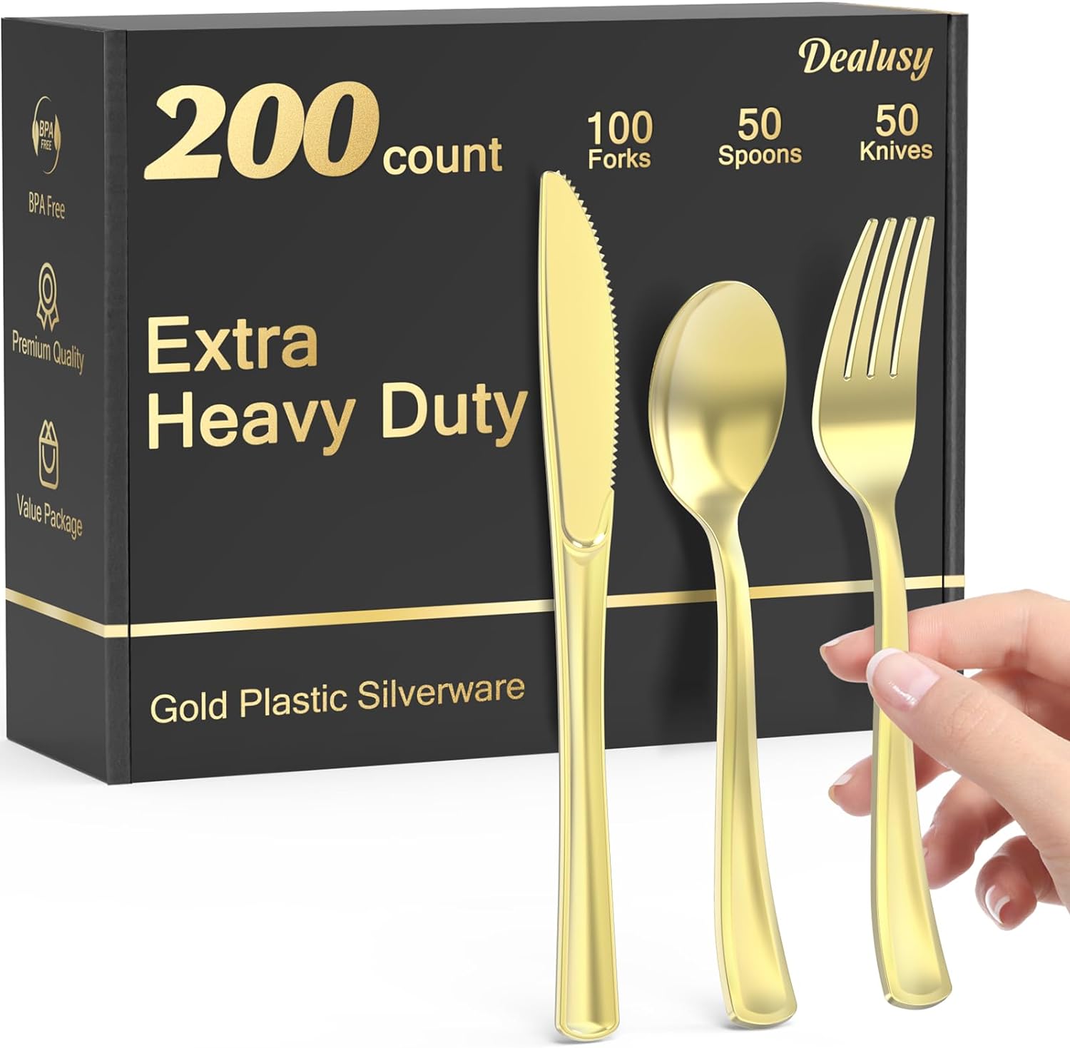 200 Count Heavy Duty Gold Plastic Silverware, 100 Forks, 50 Spoons, 50 Knives, BPA-Free, Heat Resistant, Disposable Gold Plastic Utensils Set, Gold Plastic Cutlery Set, Plasticware Bulk for Party