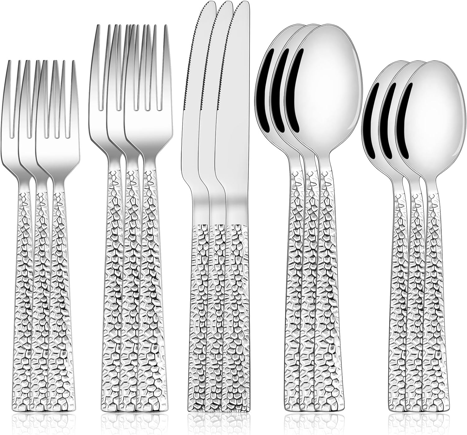 60-Piece Hammered Silverware Set, Stainless Steel Square Flatware Set for 12, Food-Grade Tableware Cutlery Set, Utensil Sets for Home Restaurant, Mirror Finish, Dishwasher Safe