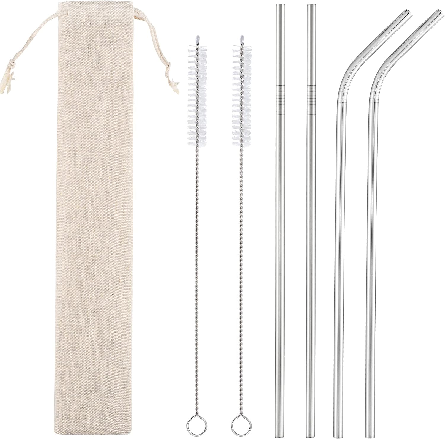 Set of 4 Reusable Metal Straws, Long Stainless Steel Straw with Cleaning Brushes and Case, Drinking for 30 oz and 20 oz Tumblers.