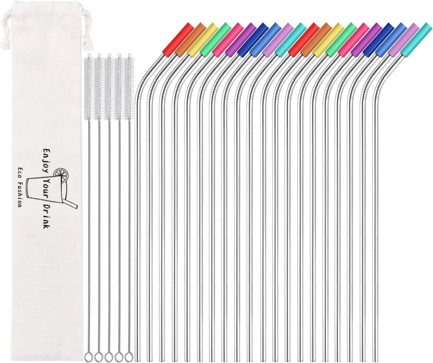 MUTNITT Set of 20 10.5 Reusable Stainless Steel Straws Bent Reusable Straws with 20 Silicone Tips 5 Cleaning Brush 1 Travel Case Eco Friendly Extra Long Metal Straws Drinking for 20 24 30 oz Tumbler