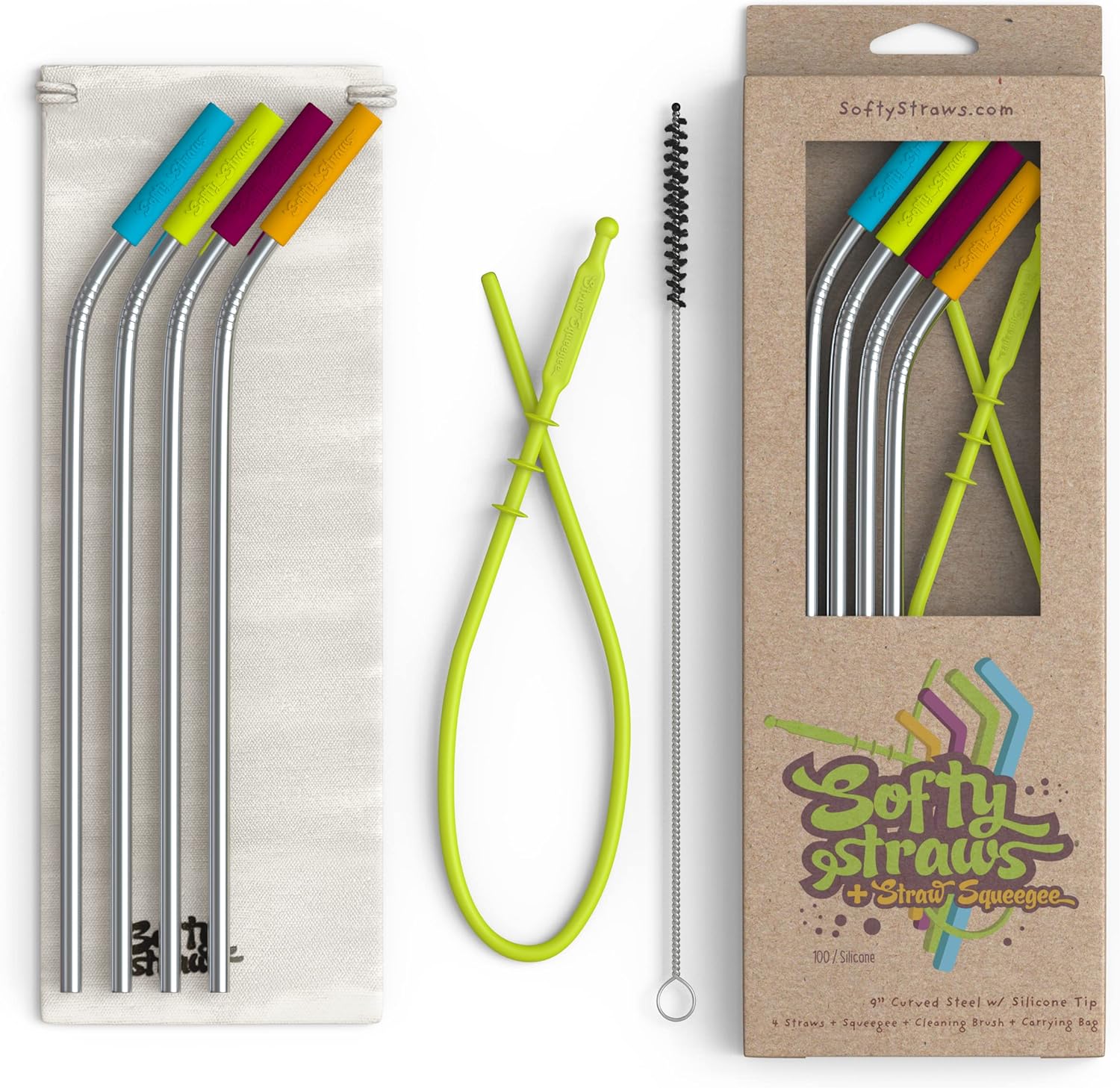 Premium Reusable Stainless Steel Drinking Straws With Silicone Tips   Patented Straw Cleaners and Carrying Case - 9 Long Metal With Curved Bend for 20/30/32oz Tumblers