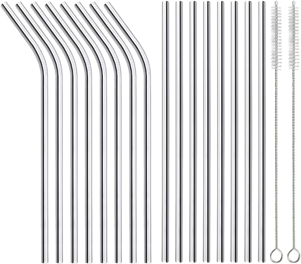 16 Pack of Reusable Stainless Steel Metal Straws, 8 Straight   8 Bent 8.5 inch Environmentally Friendly Metal Straws Straw Compatible with 20oz Stanley CupInclude 2 Cleaning Brushes