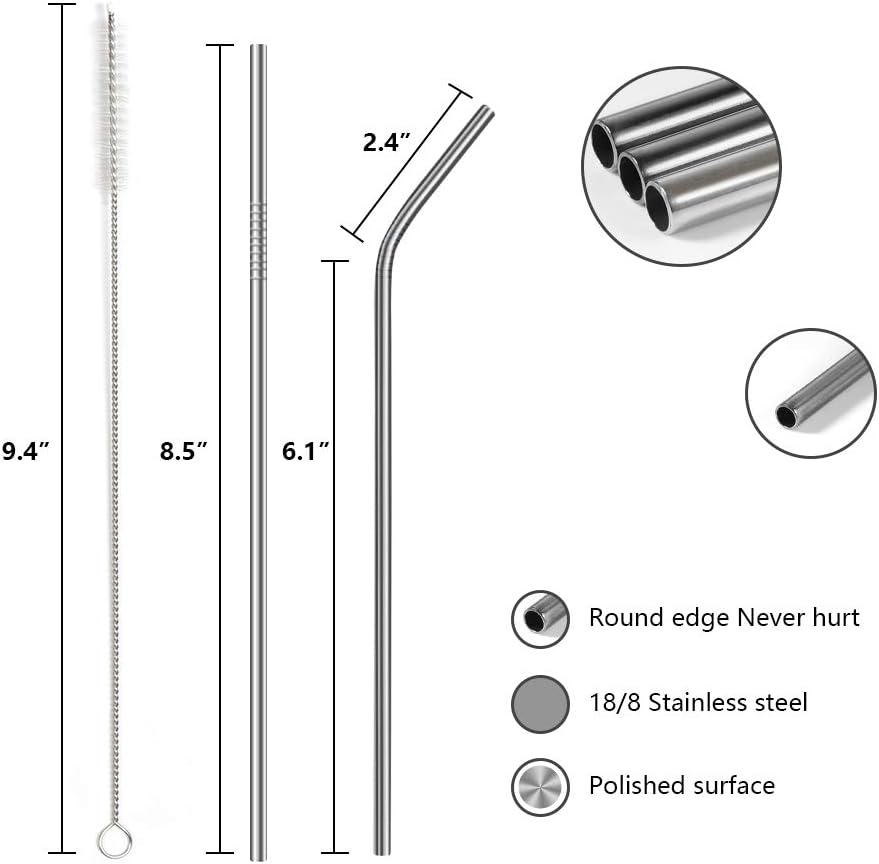 4PCS Reusable Metal Straws,8.5 Stainless Steel Straws with Case -Cleaning Brush for 20/30 Oz for Tumblers (Silver)