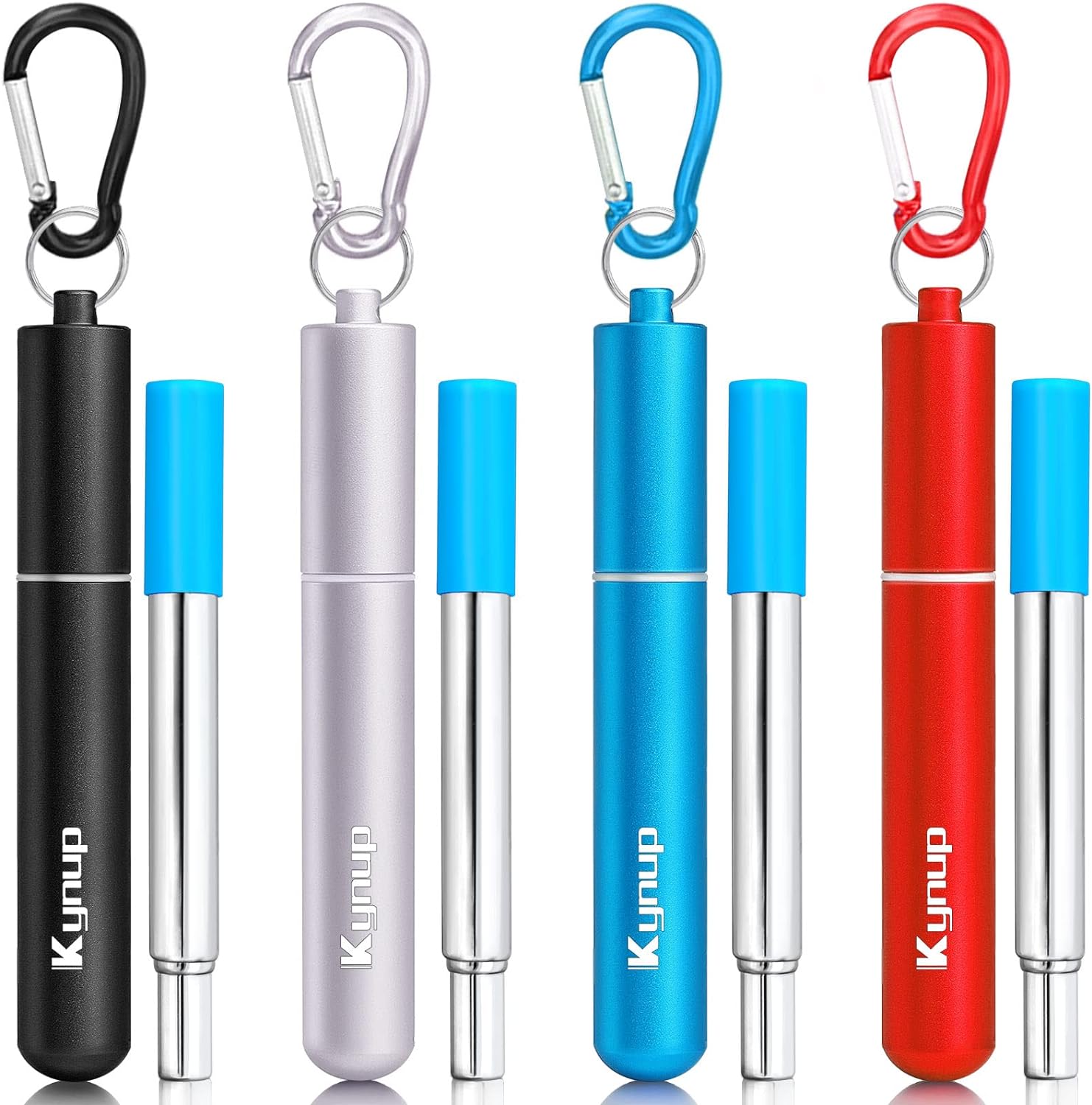 Kynup 4Packs Reusable Straws, Metal Straw with Silicon, Travel Drinking Straws with Metal Case, Keychain, Cleaning Brushes, Silicon Pcs Perfect for Travel, Gifts (20 PCS) Blue-Black- Red-Silver