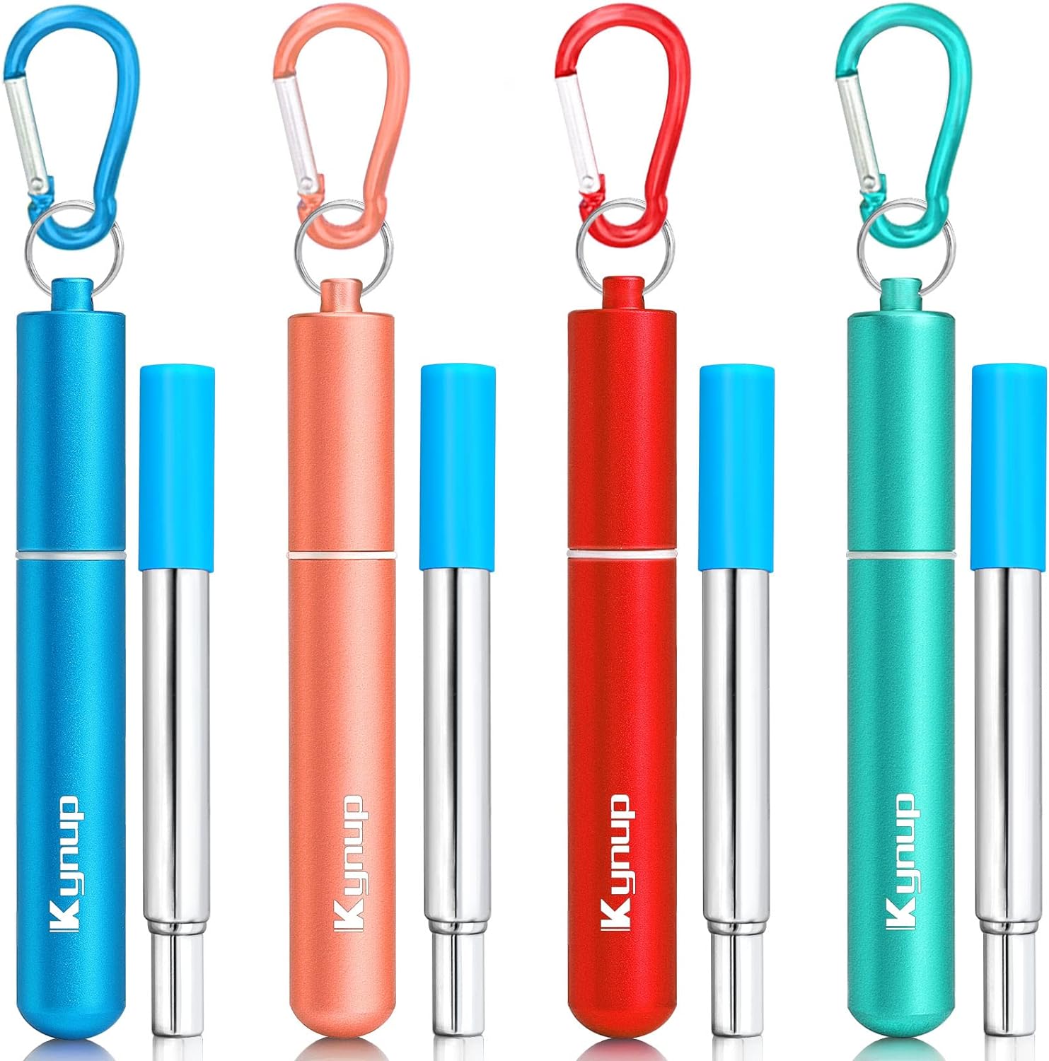 Kynup 4Packs Reusable Straws, Metal Straw with Silicon, Travel Drinking Straws with Metal Case, Keychain, Cleaning Brushes, Silicon Pcs Perfect for Travel, Blue-Rose Gold-Red-Turquoise